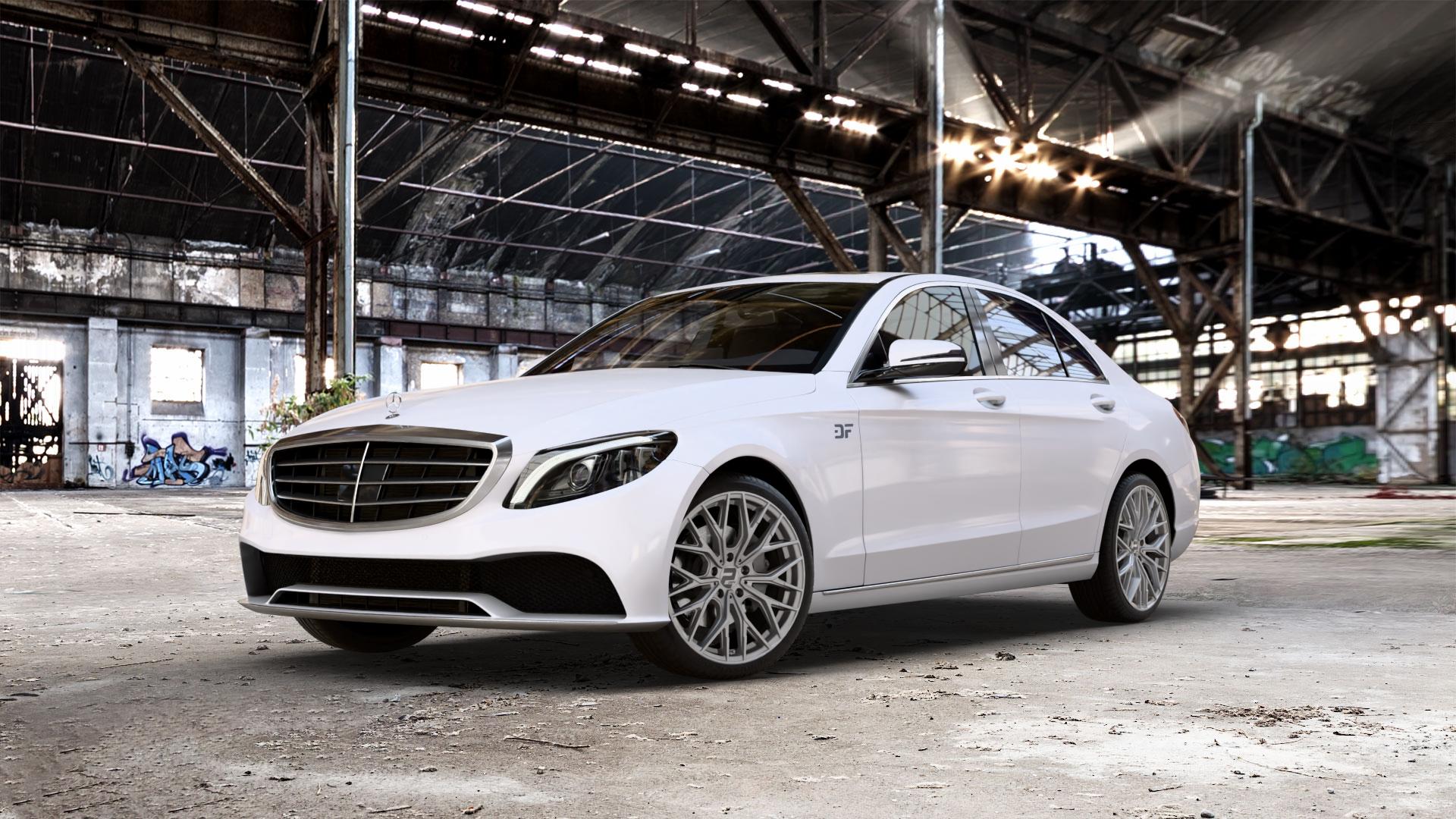 2DRV WH37 Daytona Grau lackiert Felge mit Reifen in 19Zoll Winterfelge Alufelge auf weissem Mercedes C-Klasse Typ W205 Limousine Facelift ⬇️ mit 15mm Tieferlegung ⬇️ Old Industrial Hall_max_5300mm_2024 Frontansicht_1