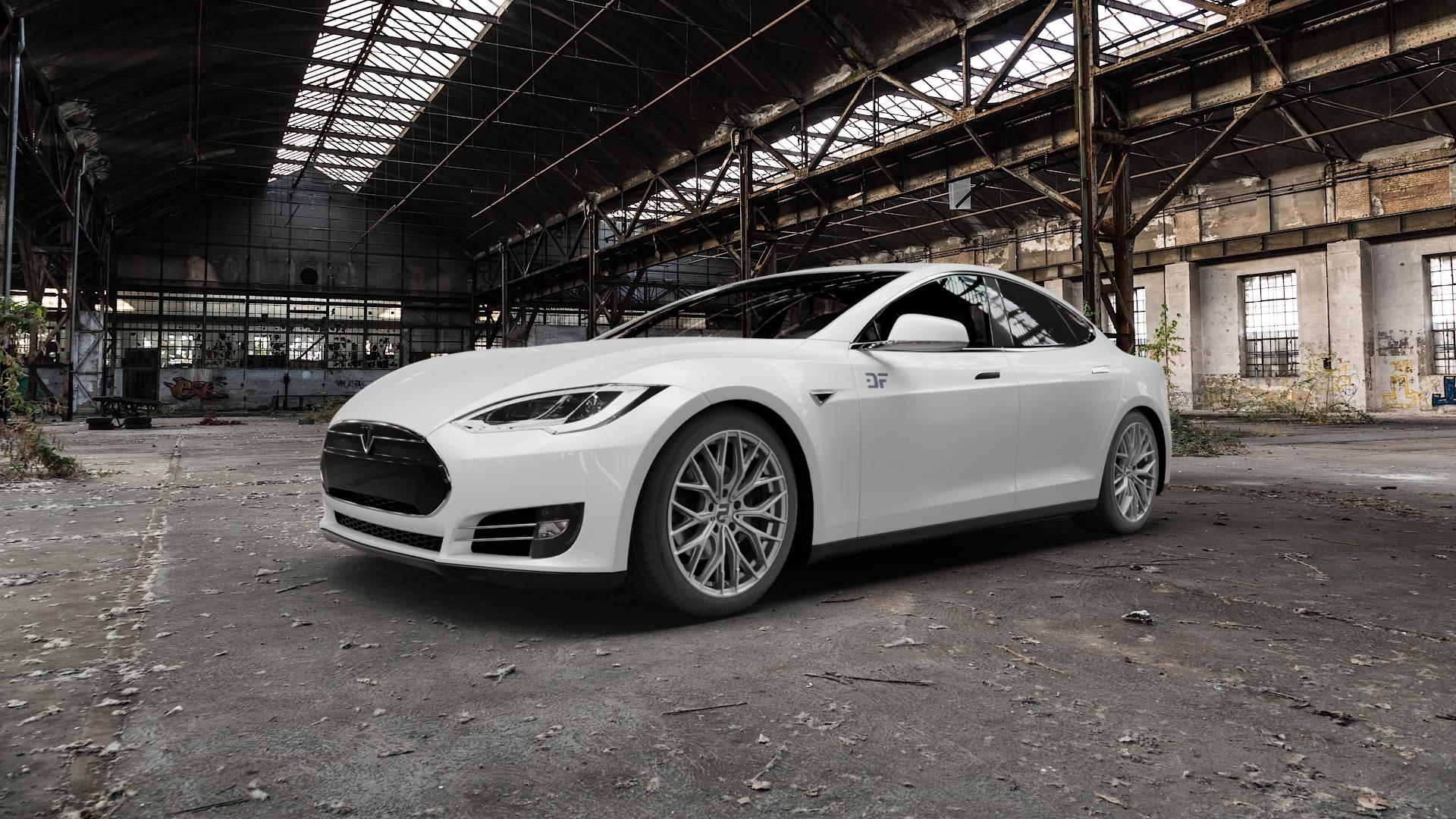 2DRV WH37 Daytona Grau lackiert Felge mit Reifen in 19Zoll Winterfelge Alufelge auf weissem Tesla Model S Typ 002 ⬇️ mit 15mm Tieferlegung ⬇️ Old Industrial Hall_max5000mm_2022 Frontansicht_1