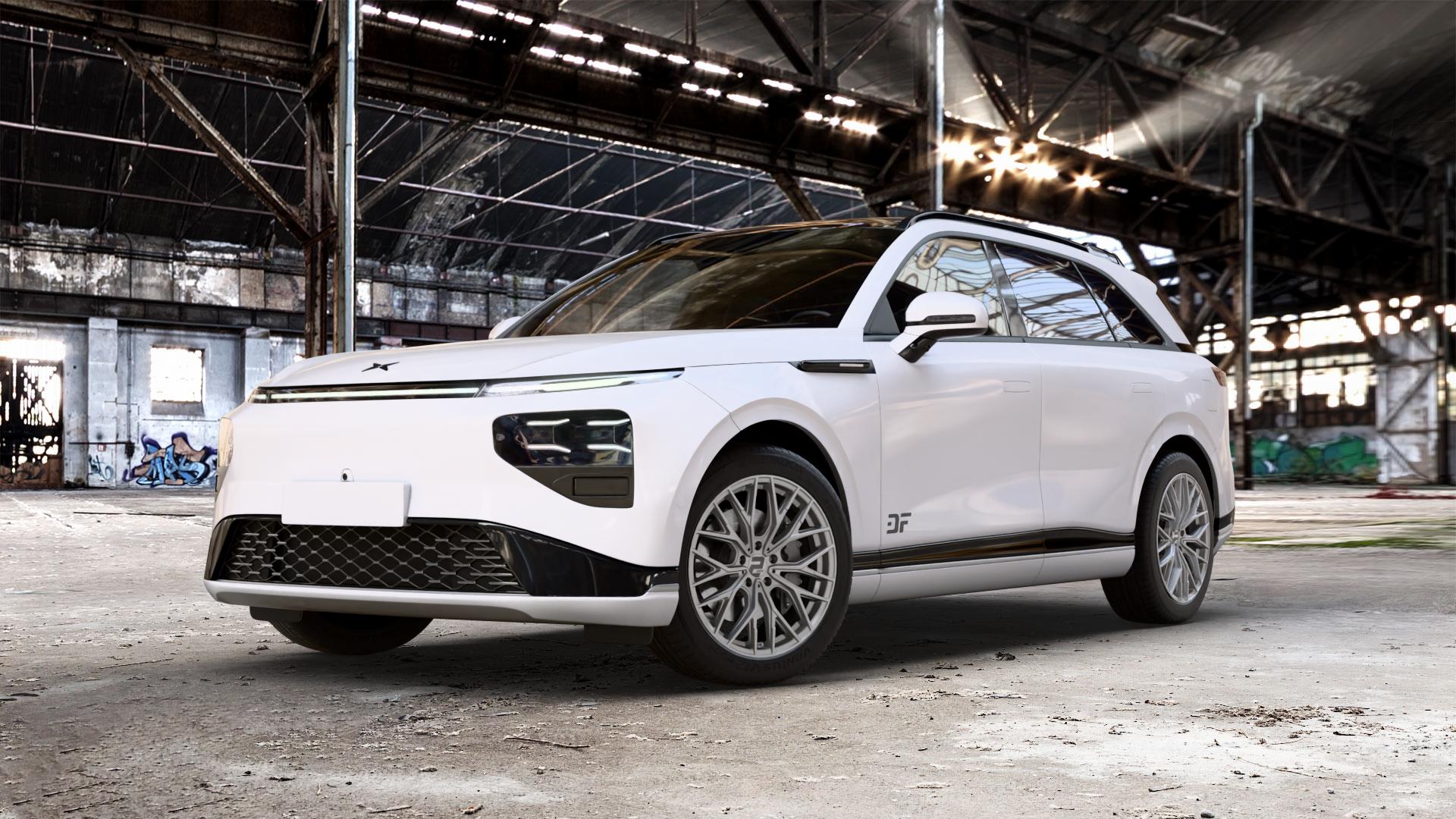 2DRV WH37 Daytona Grau lackiert Felge mit Reifen in 20Zoll Winterfelge Alufelge auf weissem Xpeng G9 Typ G9A 0,0l 80kW (109 PS) AWD 100kW (136 ⬇️ mit 15mm Tieferlegung ⬇️ Old Industrial Hall_max_5300mm_2024 Frontansicht_1