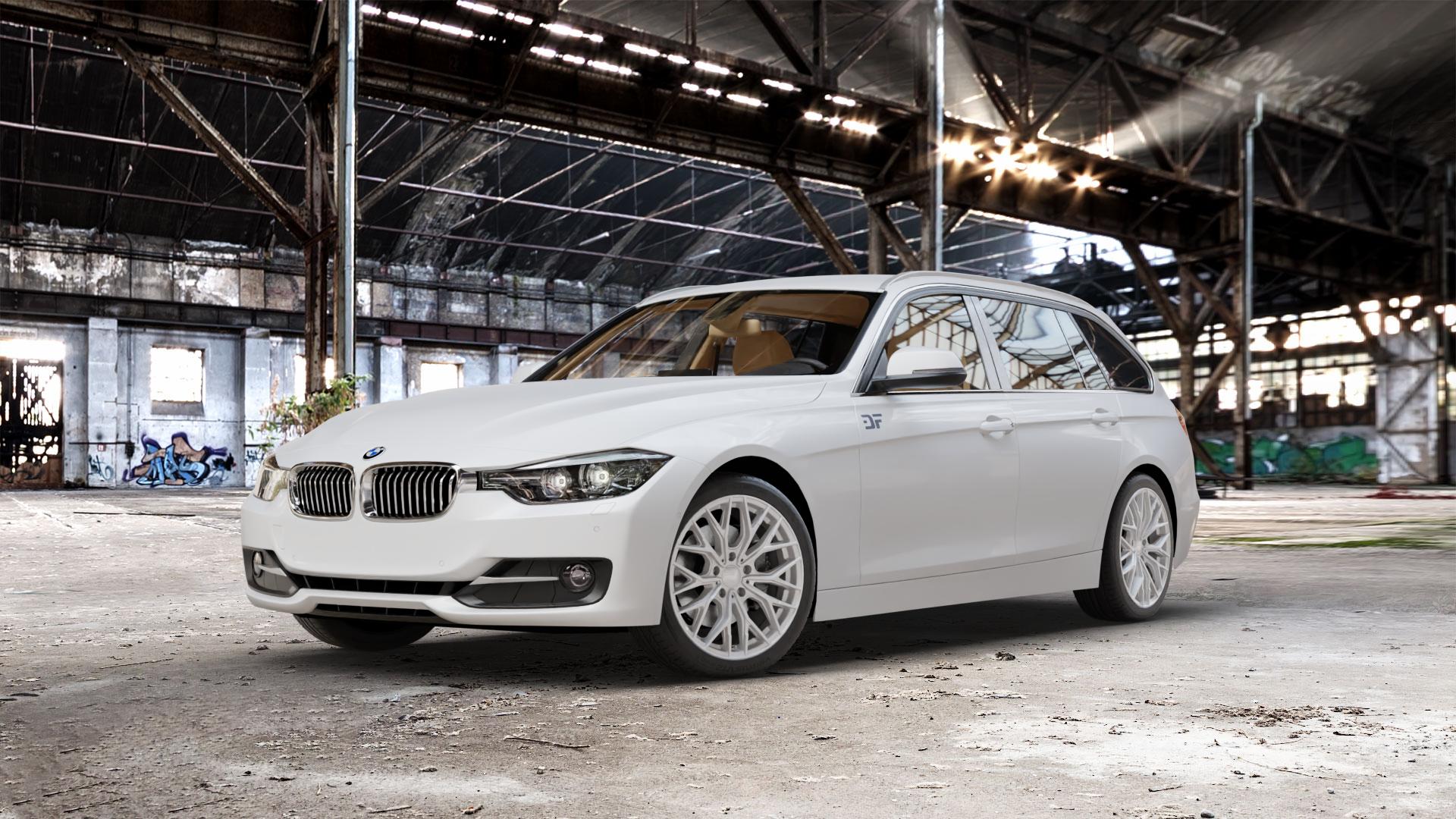 2DRV WH37 Race Silber lackiert Felge mit Reifen in 18Zoll Winterfelge Alufelge auf weissem BMW 320i Typ F31 (Touring) 328i 316d 318d 320d 316i EffDyn Edition 325d 335i xDrive 335d ⬇️ mit 15mm Tieferlegung ⬇️ Old Industrial Hall_max_5300mm_2024 Frontansicht_1