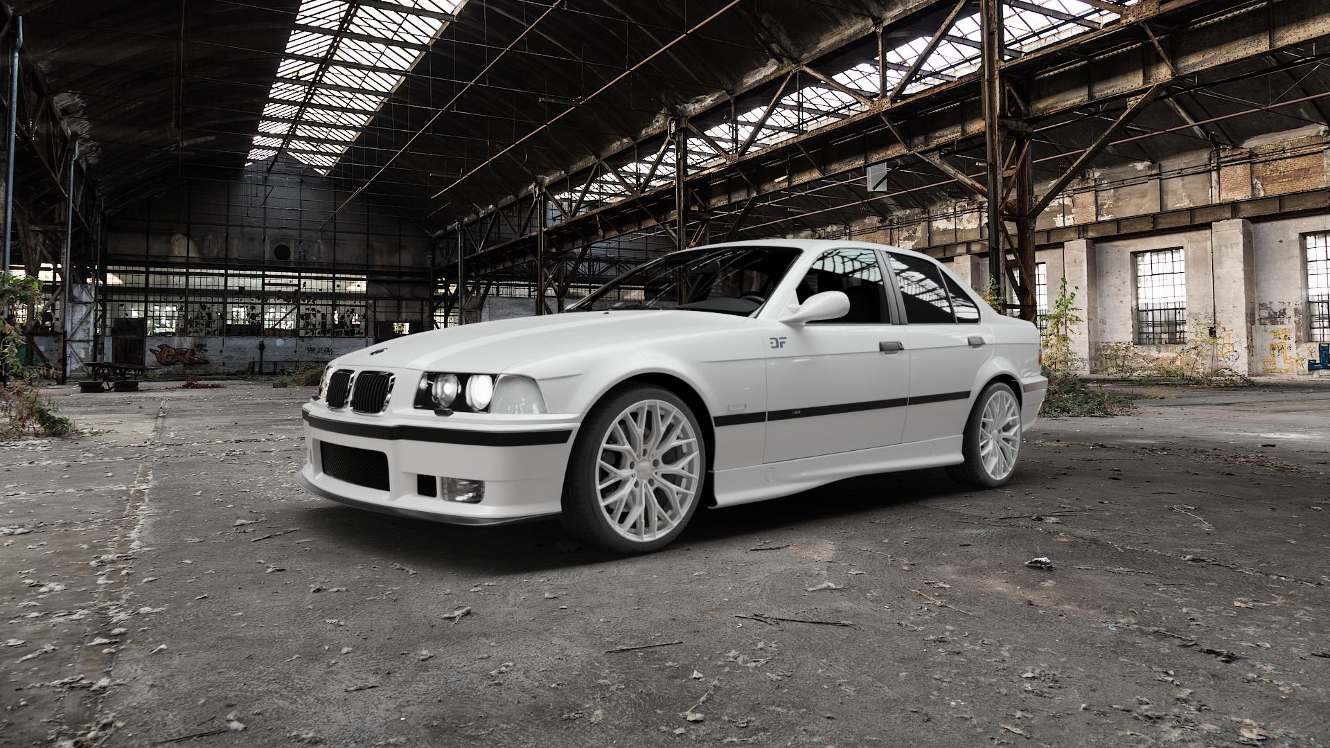 2DRV WH37 Race Silber lackiert Felge mit Reifen in 18Zoll Winterfelge Alufelge auf weissem BMW M3 Typ E36 (Limousine) ⬇️ mit 15mm Tieferlegung ⬇️ Old Industrial Hall_max5000mm_2022 Frontansicht_1