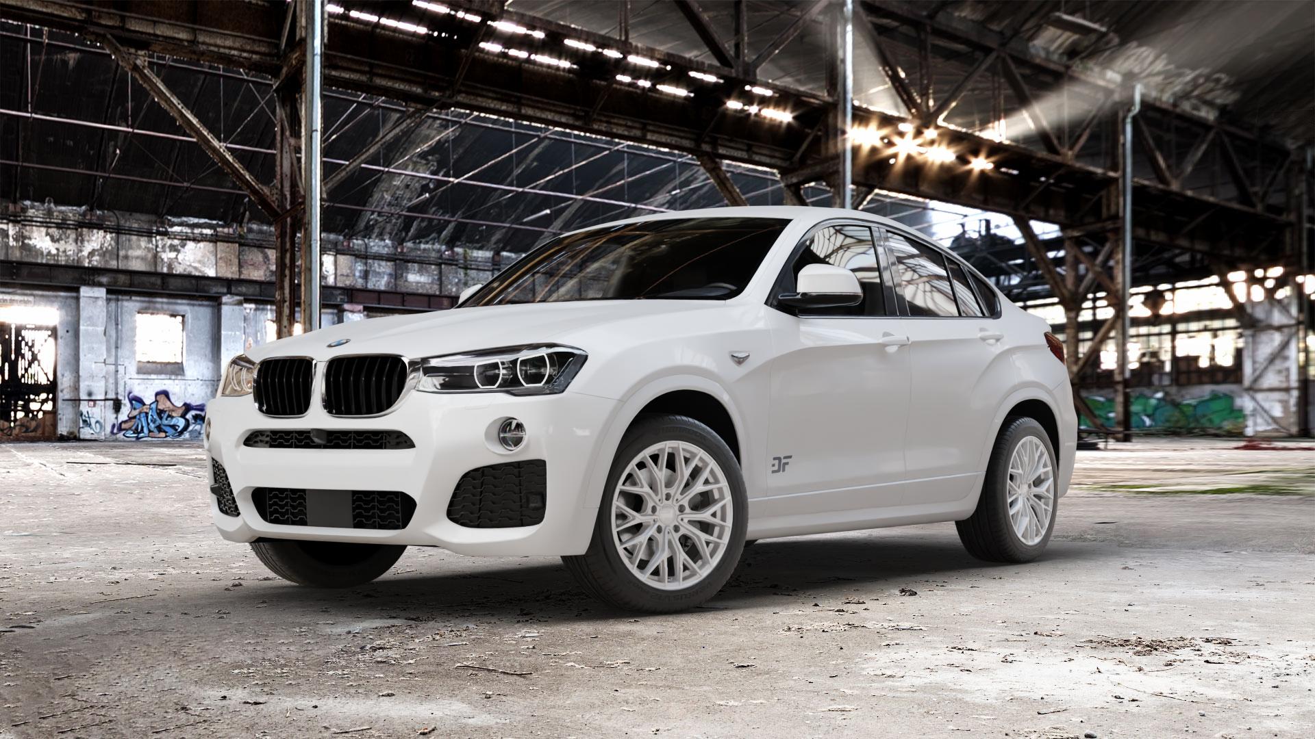 2DRV WH37 Race Silber lackiert Felge mit Reifen in 18Zoll Winterfelge Alufelge auf weissem BMW X4 Typ F26 (X3, X-N1) ⬇️ mit 15mm Tieferlegung ⬇️ Old Industrial Hall_max_5300mm_2024 Frontansicht_1