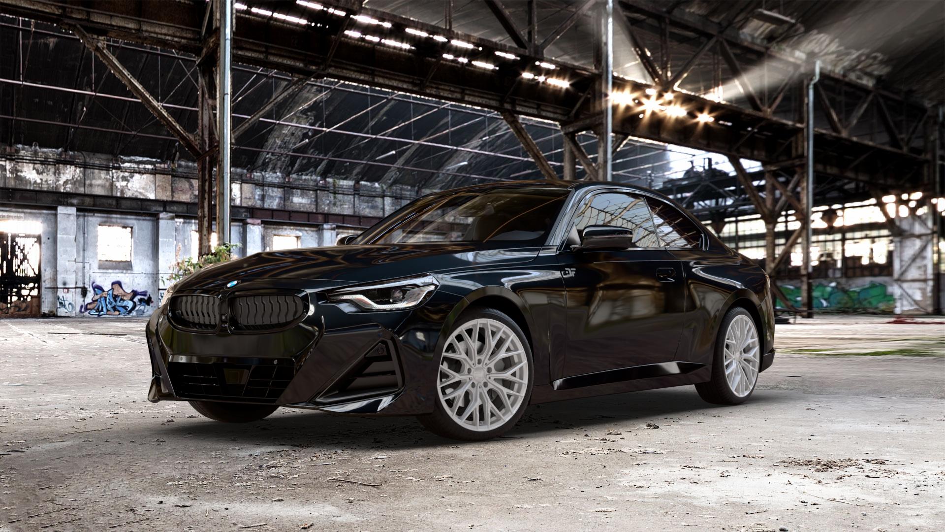2DRV WH37 Race Silber lackiert Felge mit Reifen in 19Zoll Winterfelge Alufelge auf metallic schwarzem BMW 2er G42 Coupé (G2C) ⬇️ mit 15mm Tieferlegung ⬇️ Old Industrial Hall_max_5300mm_2024 Frontansicht_1