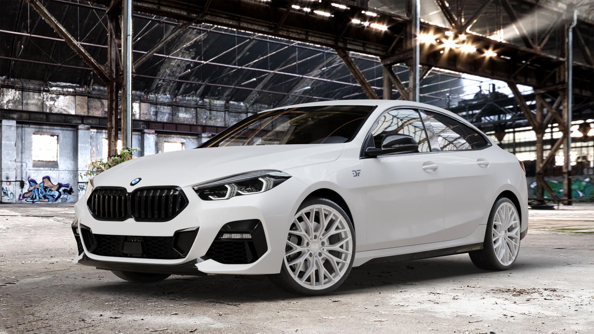 2DRV WH37 Race Silber lackiert Felge mit Reifen in 19Zoll Winterfelge Alufelge auf weissem BMW 216d Typ F44 (Gran Coupe) 218i 220d 2 M235i xDrive 218d 220i 2er Gran Coupe (F2GC) ⬇️ mit 15mm Tieferlegung ⬇️ Old Industrial Hall_max_4400mm_2024 Frontansicht_1