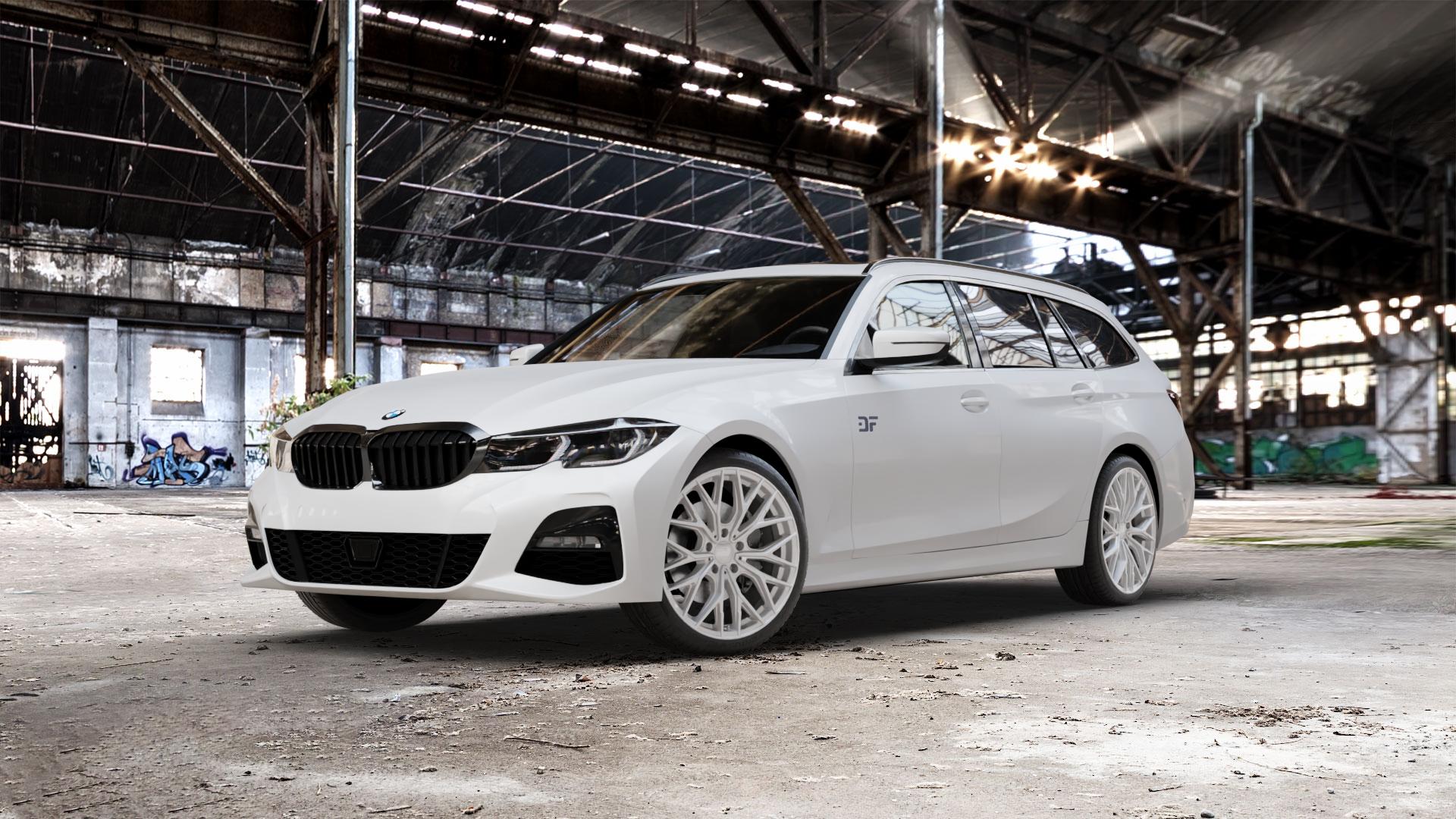 2DRV WH37 Race Silber lackiert Felge mit Reifen in 19Zoll Winterfelge Alufelge auf weissem BMW 3er G21 Touring (G3K) ⬇️ mit 15mm Tieferlegung ⬇️ Old Industrial Hall_max_5300mm_2024 Frontansicht_1