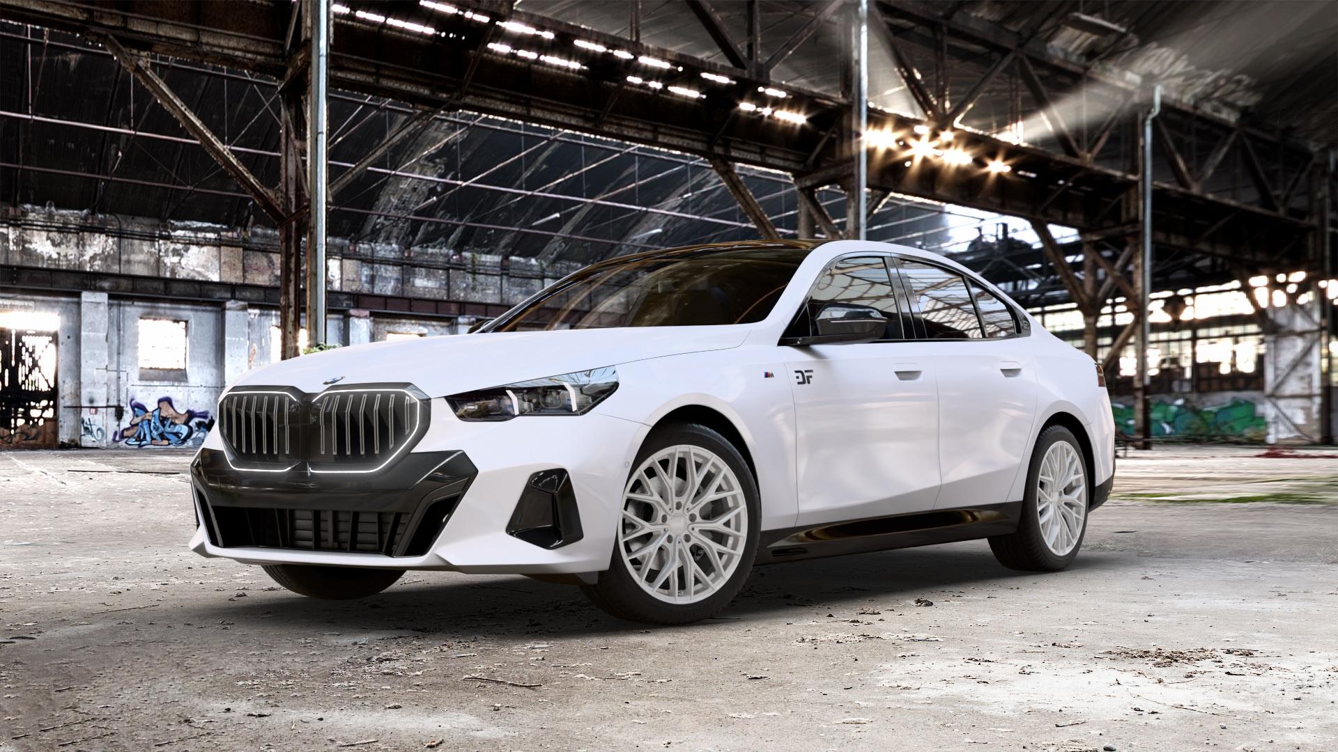 2DRV WH37 Race Silber lackiert Felge mit Reifen in 19Zoll Winterfelge Alufelge auf weissem BMW 550e xDrive Typ G60 (Limousine) ⬇️ mit 15mm Tieferlegung ⬇️ Old Industrial Hall_max_5300mm_2024 Frontansicht_1