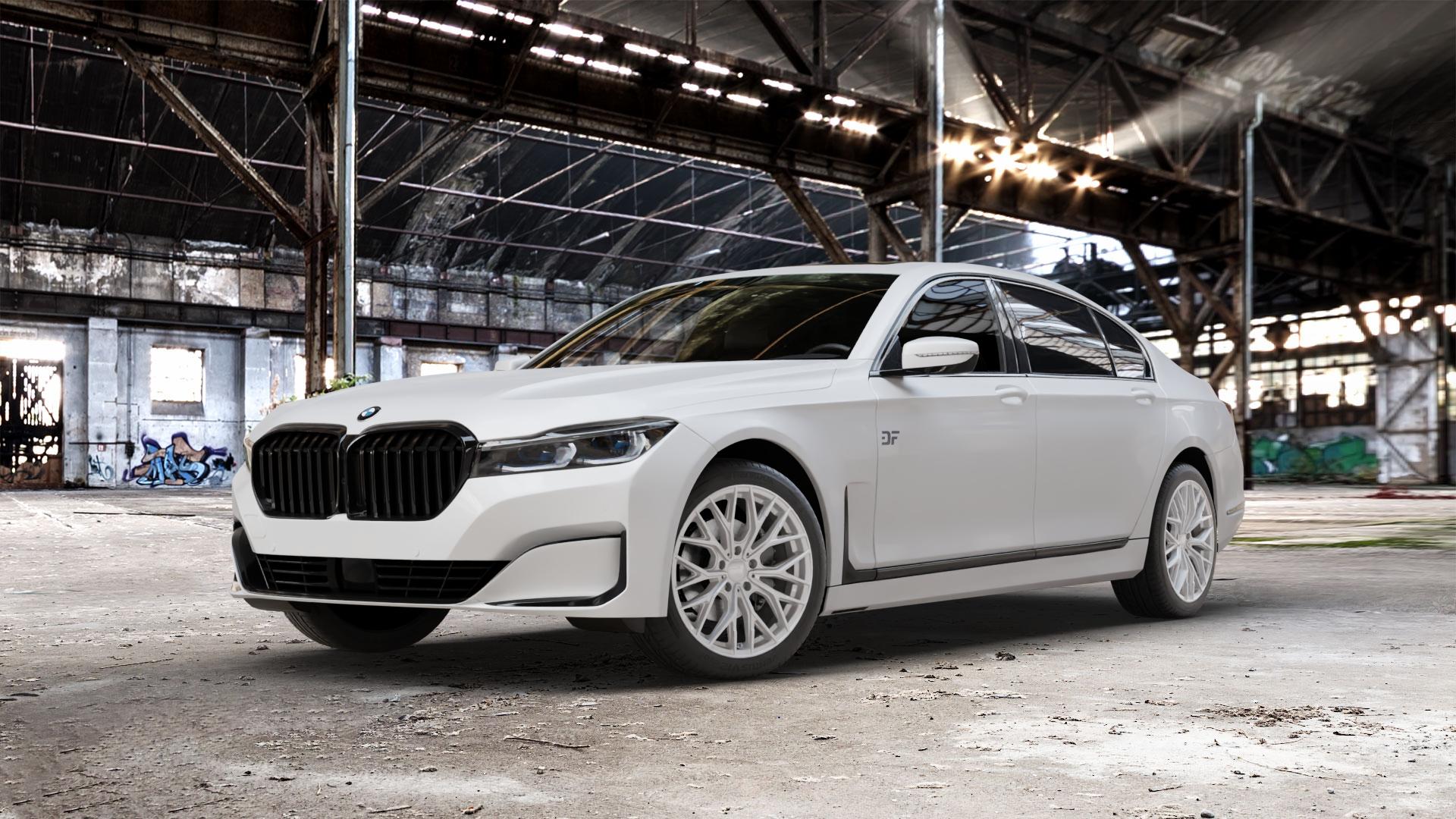 2DRV WH37 Race Silber lackiert Felge mit Reifen in 19Zoll Winterfelge Alufelge auf weissem BMW 730Li Typ G12 Facelift 740Li xDrive 745Le 750Li M760Li 7er Limousine lang (7L) ⬇️ mit 15mm Tieferlegung ⬇️ Old Industrial Hall_max_5300mm_2024 Frontansicht_1