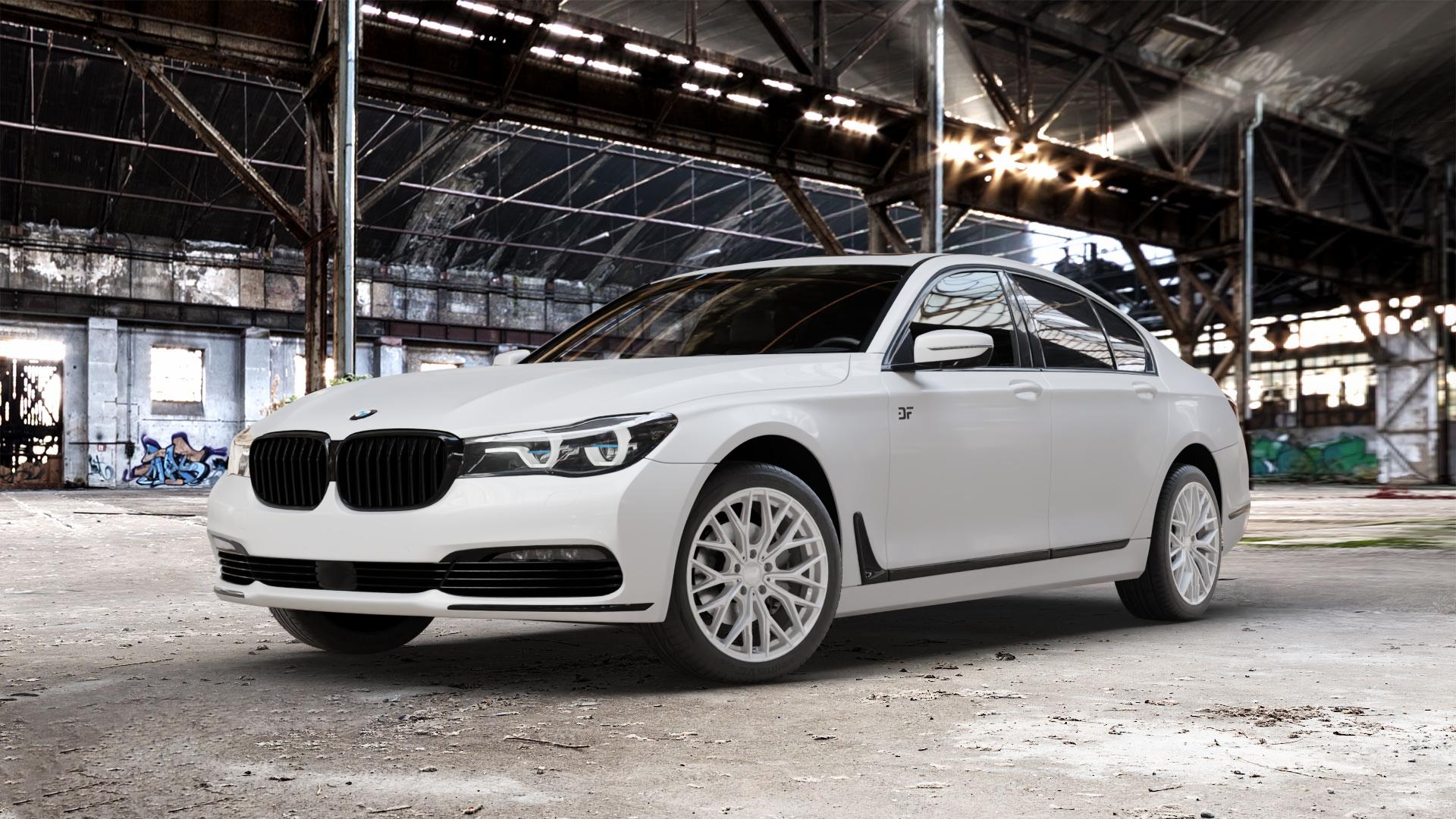 2DRV WH37 Race Silber lackiert Felge mit Reifen in 19Zoll Winterfelge Alufelge auf weissem BMW 740i Typ G11 750i xDrive 730d 740d 740e 730i 750d 7er Limousine (7L) ⬇️ mit 15mm Tieferlegung ⬇️ Old Industrial Hall_max_5300mm_2024 Frontansicht_1