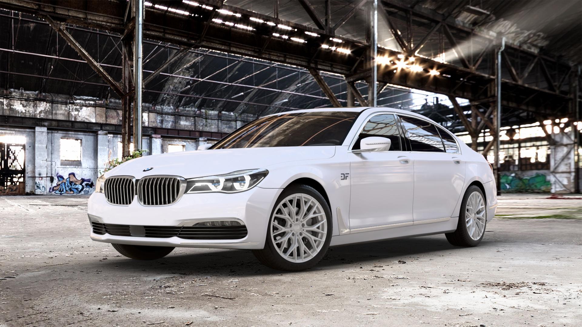 2DRV WH37 Race Silber lackiert Felge mit Reifen in 19Zoll Winterfelge Alufelge auf weissem BMW 740Li Typ G12 750Li xDrive 730Ld 740Ld 740Le 730Li 750Ld 7er Limousine lang (7L) ⬇️ mit 15mm Tieferlegung ⬇️ Old Industrial Hall_max_5300mm_2024 Frontansicht_1