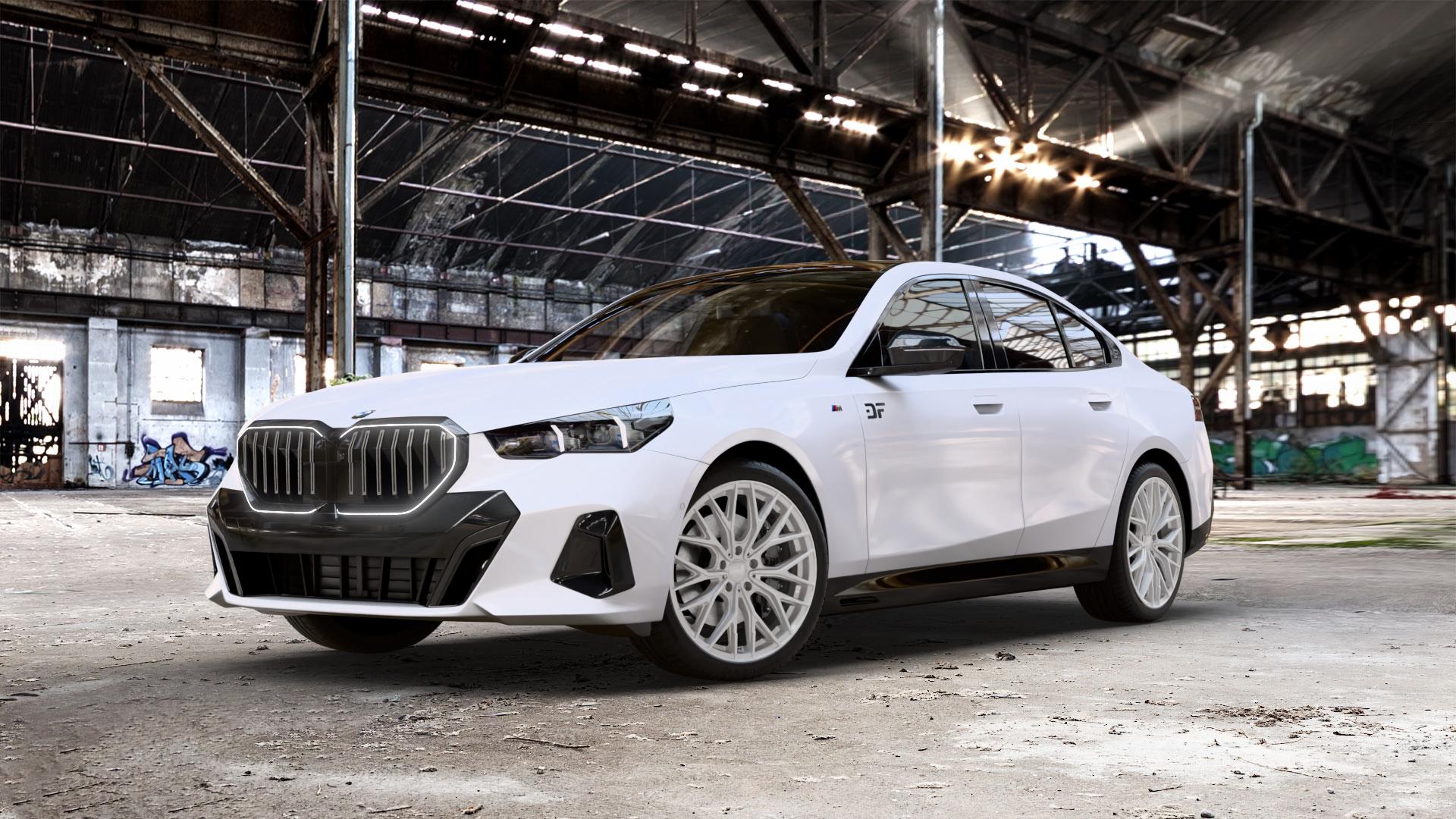 2DRV WH37 Race Silber lackiert Felge mit Reifen in 20Zoll Winterfelge Alufelge auf weissem BMW 550e xDrive Typ G60 (Limousine) ⬇️ mit 15mm Tieferlegung ⬇️ Old Industrial Hall_max_5300mm_2024 Frontansicht_1