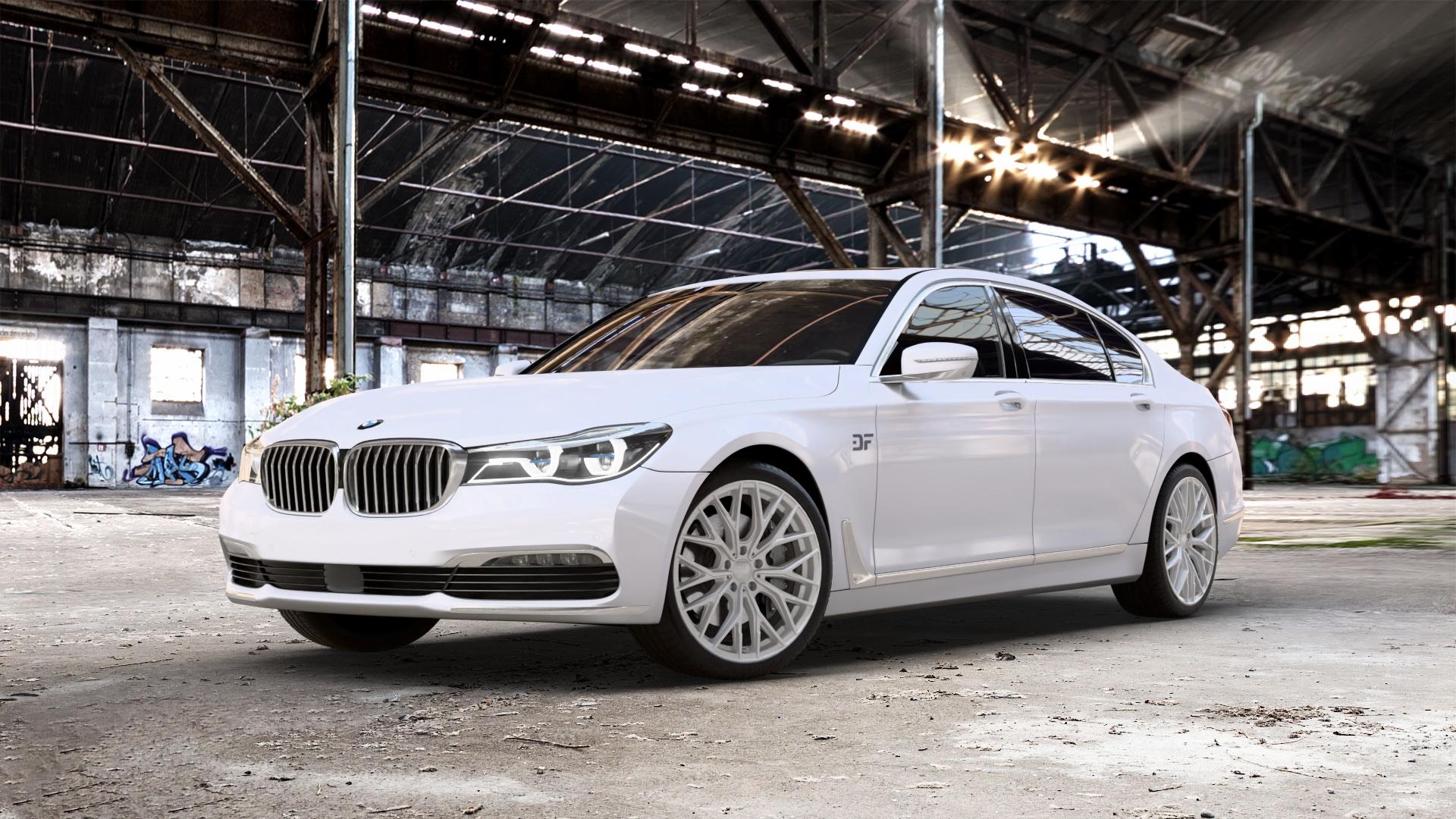 2DRV WH37 Race Silber lackiert Felge mit Reifen in 20Zoll Winterfelge Alufelge auf weissem BMW 740Li Typ G12 750Li xDrive 730Ld 740Ld 740Le 730Li 750Ld 7er Limousine lang (7L) ⬇️ mit 15mm Tieferlegung ⬇️ Old Industrial Hall_max_5300mm_2024 Frontansicht_1