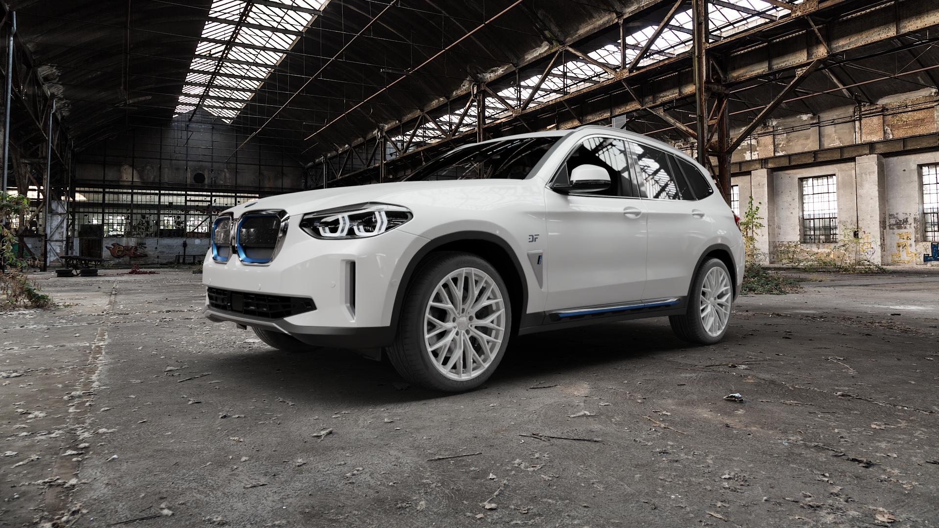 2DRV WH37 Race Silber lackiert Felge mit Reifen in 20Zoll Winterfelge Alufelge auf weissem BMW iX3 (G3XE) ⬇️ mit 15mm Tieferlegung ⬇️ Old Industrial Hall_max5000mm_2022 Frontansicht_1