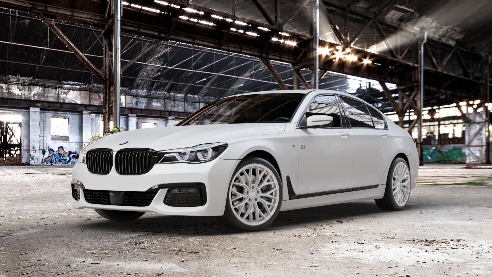 2DRV WH37 Race Silber lackiert Felge mit Reifen in 20Zoll Winterfelge Alufelge auf weissem BMW M760Li xDrive Typ G12 Facelift 6,6l 430kW (585 PS) ⬇️ mit 15mm Tieferlegung ⬇️ Old Industrial Hall_max_5300mm_2024 Frontansicht_1
