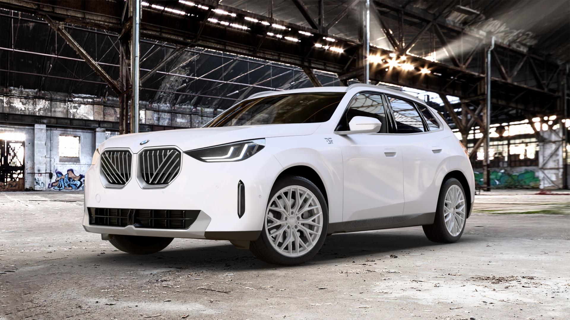 2DRV WH37 Race Silber lackiert Felge mit Reifen in 20Zoll Winterfelge Alufelge auf weissem BMW X3 Typ G45 (G3XN) ⬇️ mit 15mm Tieferlegung ⬇️ Old Industrial Hall_max_5300mm_2024 Frontansicht_1