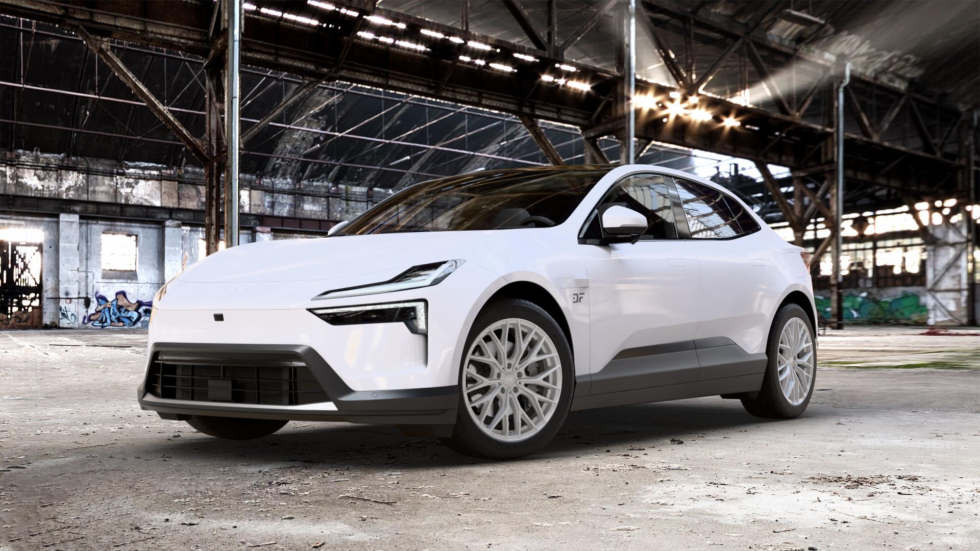 2DRV WH37 Race Silber lackiert Felge mit Reifen in 20Zoll Winterfelge Alufelge auf weissem Polestar 4 0,0l 75kW (102 PS) 150kW AWD (204 ⬇️ mit 15mm Tieferlegung ⬇️ Old Industrial Hall_max_5300mm_2024 Frontansicht_1