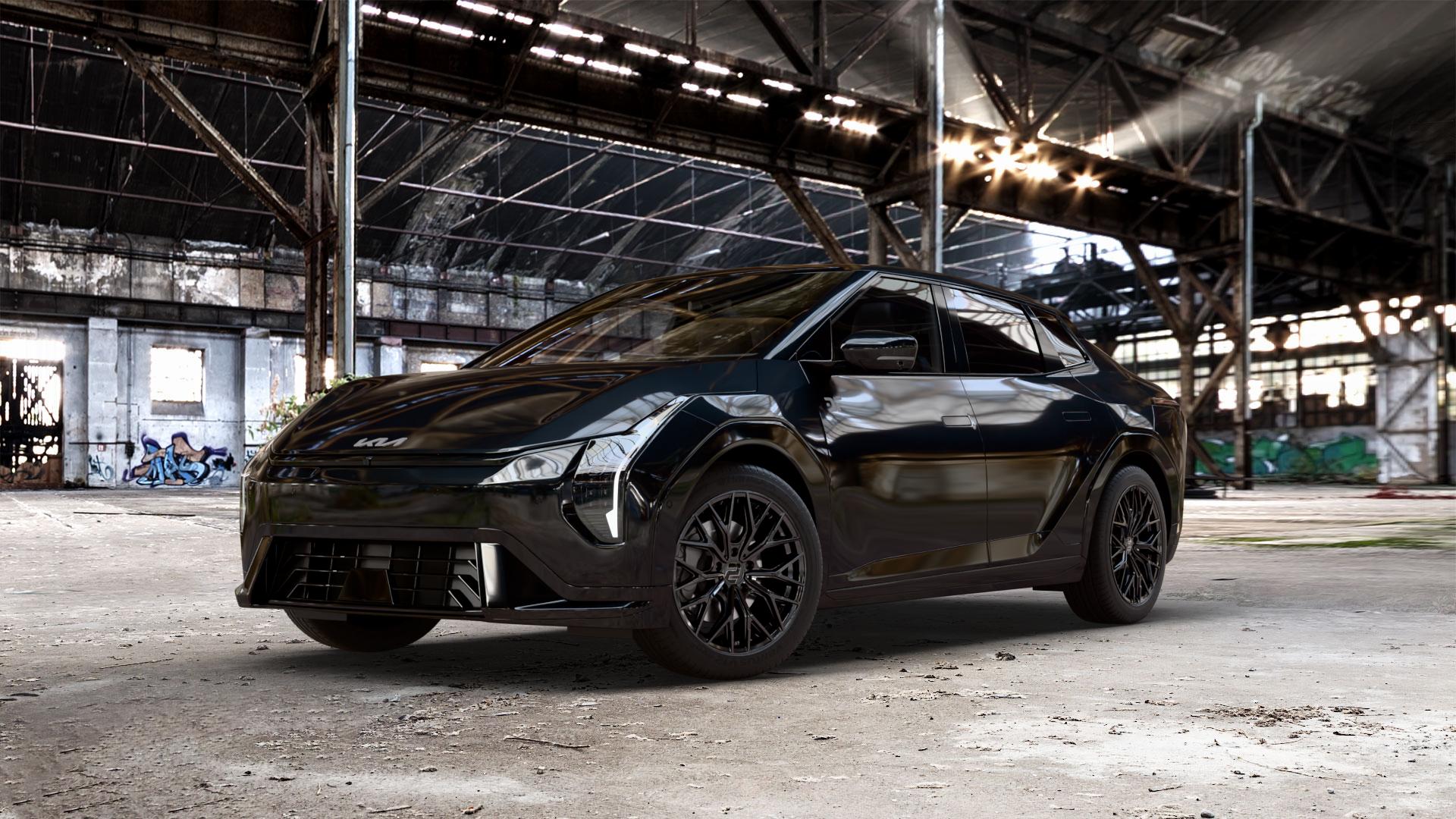 2DRV WH37 Schwarz glanz lackiert Felge mit Reifen in 18Zoll Winterfelge Alufelge auf schwarzem Kia EV4 Fastback Typ CT1 0,0l 50kW (68 PS) ⬇️ mit 15mm Tieferlegung ⬇️ Old Industrial Hall_max_5300mm_2024 Frontansicht_1