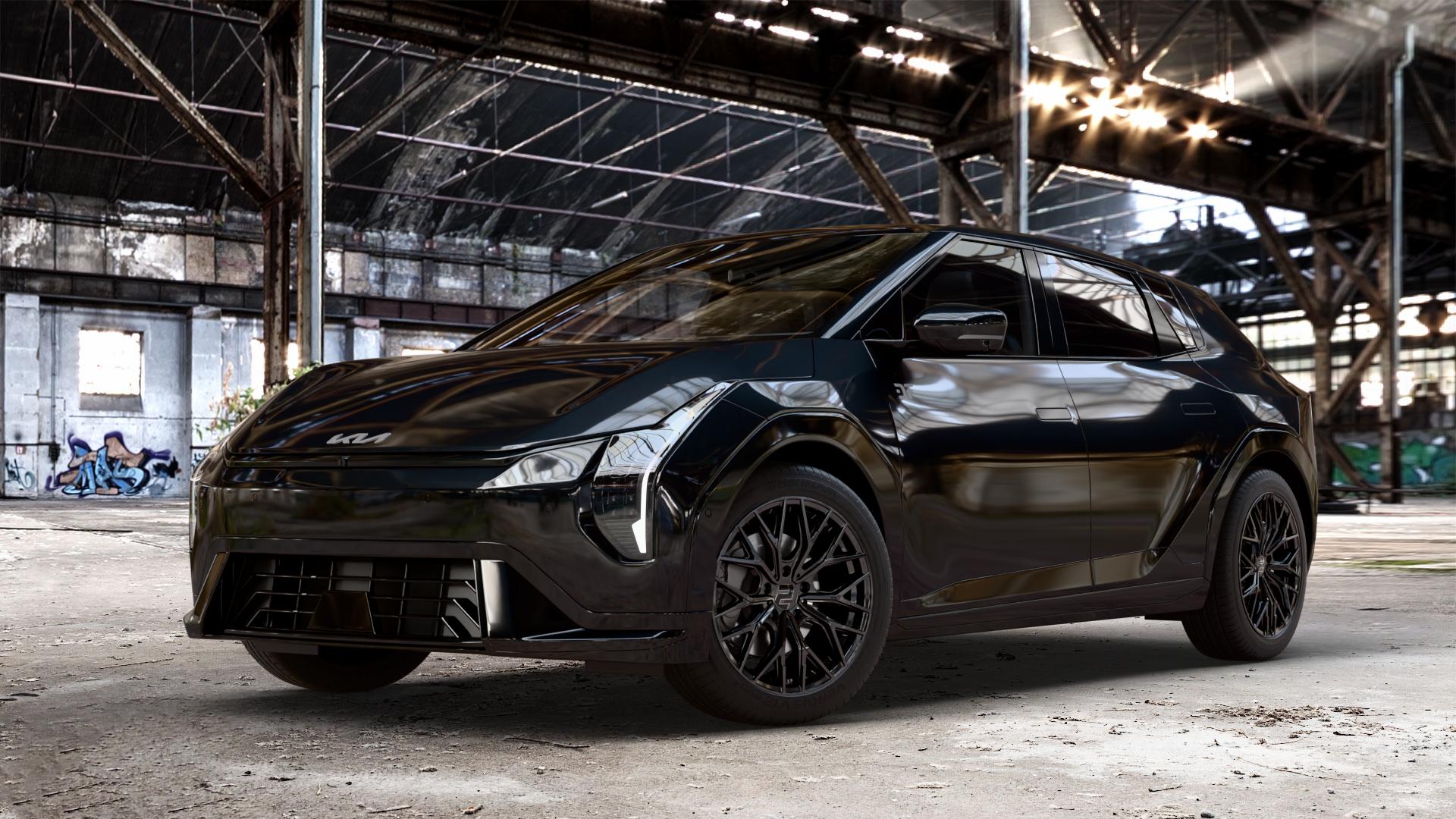 2DRV WH37 Schwarz glanz lackiert Felge mit Reifen in 18Zoll Winterfelge Alufelge auf schwarzem Kia EV4 Typ SZ1E 0,0l 50kW (68 PS) ⬇️ mit 15mm Tieferlegung ⬇️ Old Industrial Hall_max_4400mm_2024 Frontansicht_1