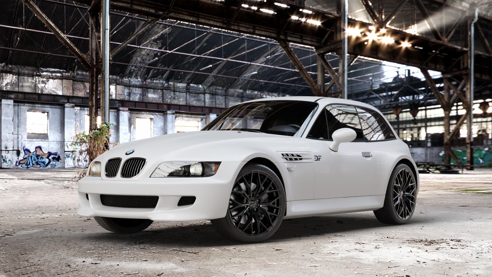 2DRV WH37 Schwarz glanz lackiert Felge mit Reifen in 18Zoll Winterfelge Alufelge auf weissem BMW Z3 Coupé Typ E36/8(S) (R/C) ⬇️ mit 15mm Tieferlegung ⬇️ Old Industrial Hall_max_4400mm_2024 Frontansicht_1