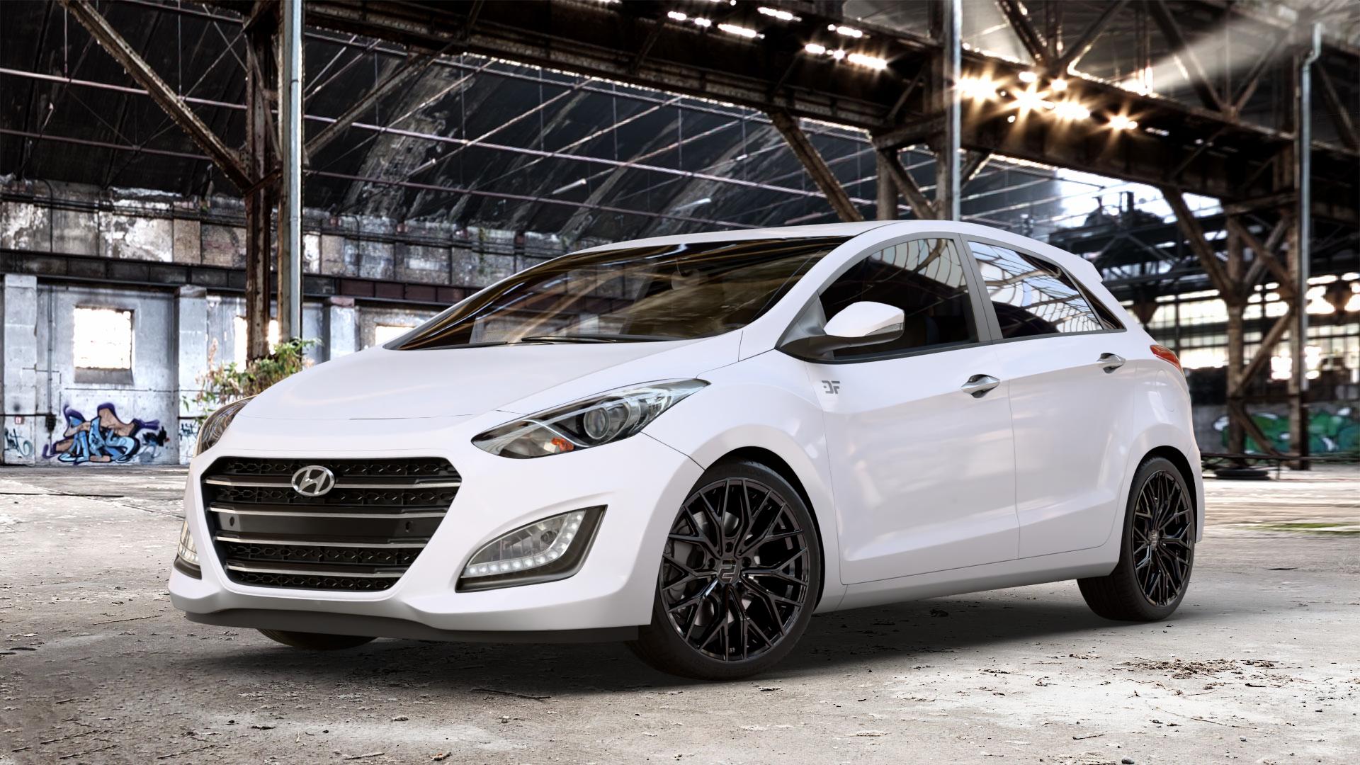 2DRV WH37 Schwarz glanz lackiert Felge mit Reifen in 18Zoll Winterfelge Alufelge auf weissem Hyundai i30 Typ GDH Facelift ⬇️ mit 15mm Tieferlegung ⬇️ Old Industrial Hall_max_4400mm_2024 Frontansicht_1