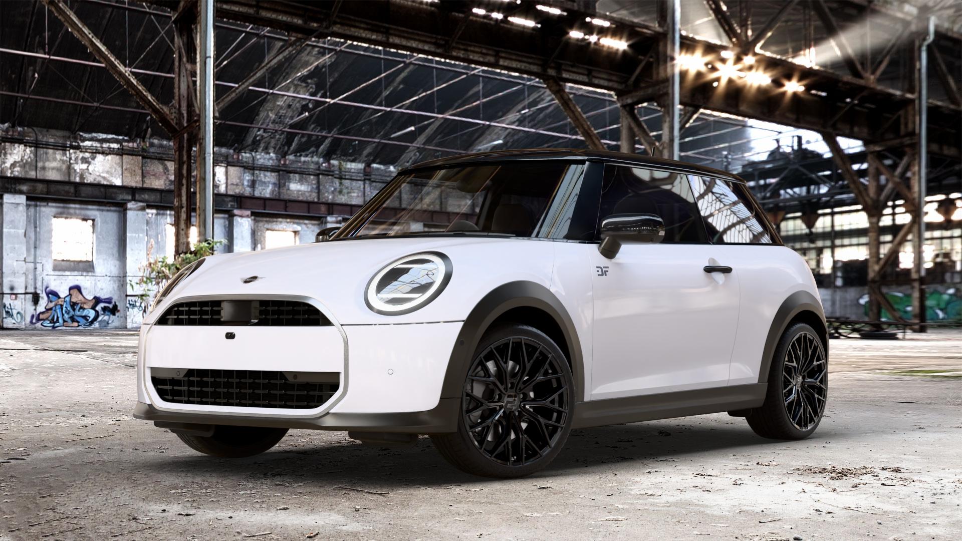 2DRV WH37 Schwarz glanz lackiert Felge mit Reifen in 18Zoll Winterfelge Alufelge auf weissem Mini F66 Typ FM6 (3-Türer Limousine) 1,5l Cooper C 100kW (136 PS) 115kW (156 2,0l S 150kW (204 JCW 170kW (231 ⬇️ mit 15mm Tieferlegung ⬇️ Old Industrial Hall_max_4400mm_2024 Frontansicht_1