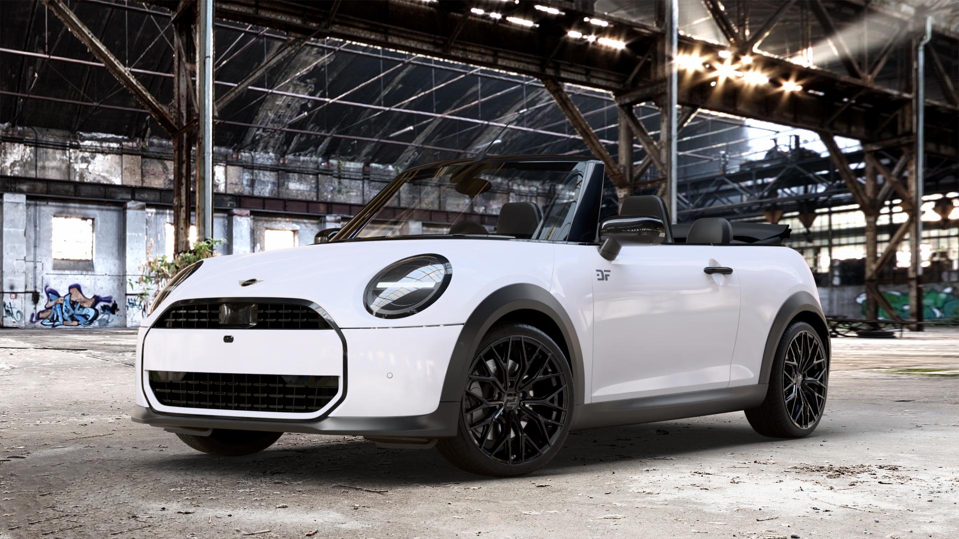 2DRV WH37 Schwarz glanz lackiert Felge mit Reifen in 18Zoll Winterfelge Alufelge auf weissem Mini F67 Typ FM6 (Cabrio) 2,0l Cooper 120kW (163 PS) S 150kW (204 JCW 170kW (231 ⬇️ mit 15mm Tieferlegung ⬇️ Old Industrial Hall_max_4400mm_2024 Frontansicht_1