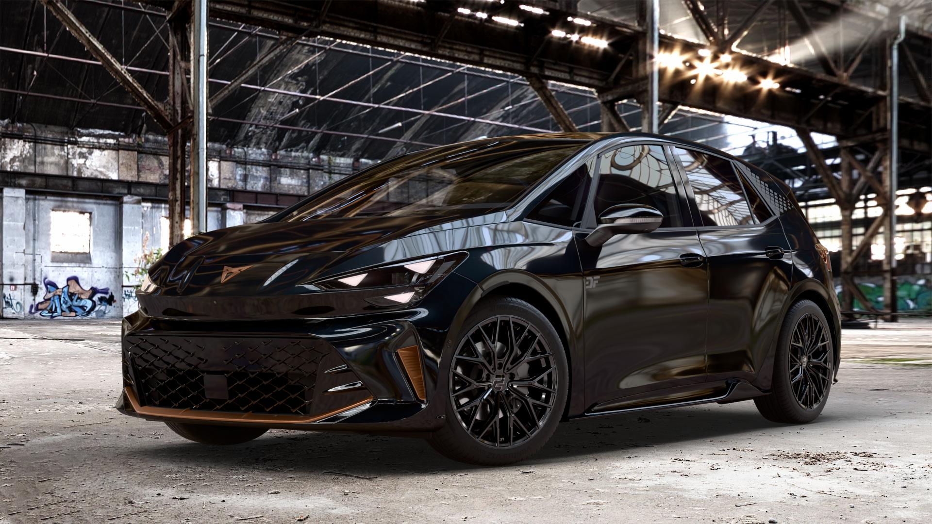 2DRV WH37 Schwarz glanz lackiert Felge mit Reifen in 19Zoll Winterfelge Alufelge auf metallic schwarzem Cupra Born Facelift Typ K1 ⬇️ mit 15mm Tieferlegung ⬇️ Old Industrial Hall_max_4400mm_2024 Frontansicht_1