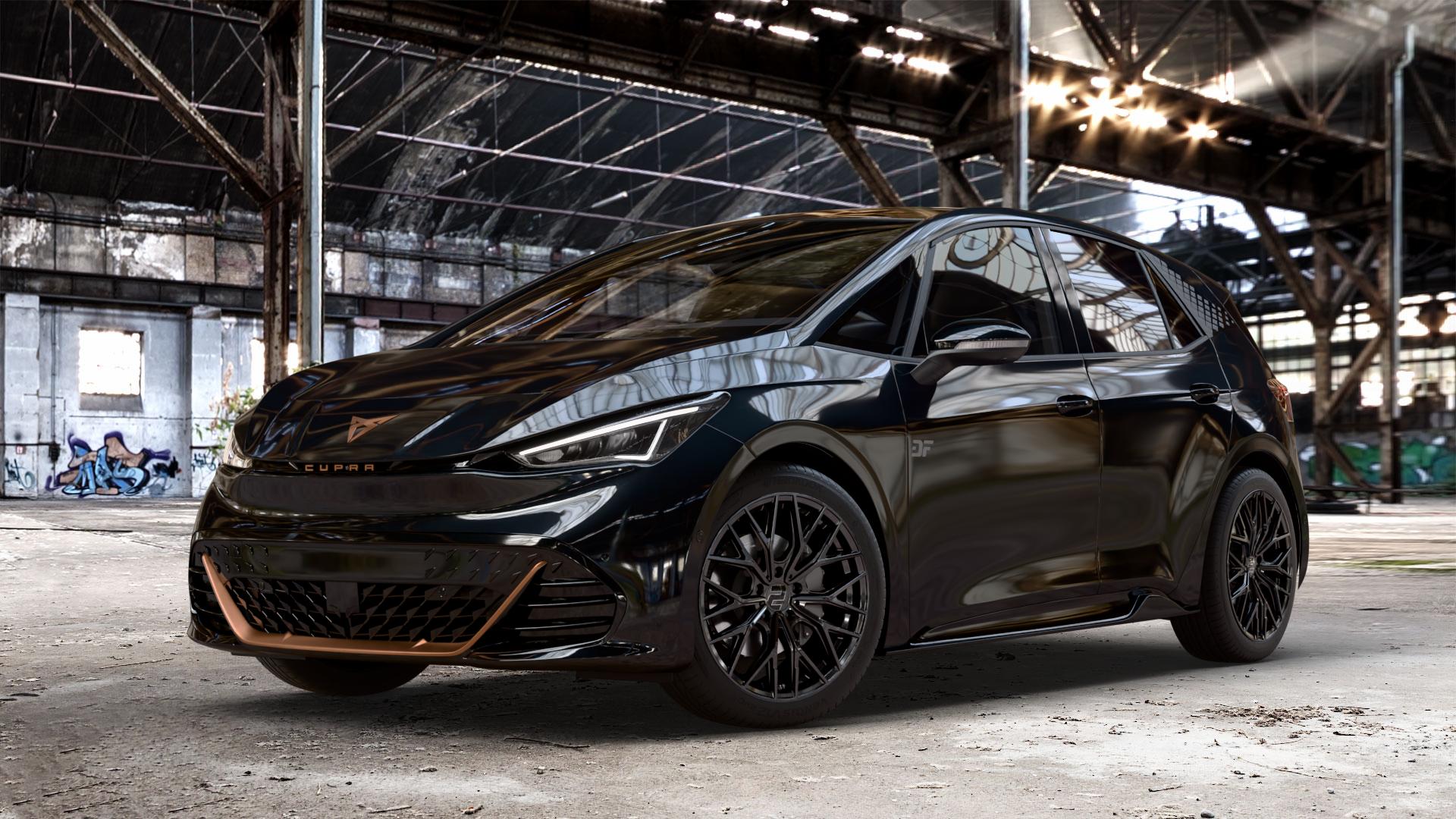 2DRV WH37 Schwarz glanz lackiert Felge mit Reifen in 19Zoll Winterfelge Alufelge auf metallic schwarzem Cupra Born Typ K1 ⬇️ mit 15mm Tieferlegung ⬇️ Old Industrial Hall_max_4400mm_2024 Frontansicht_1