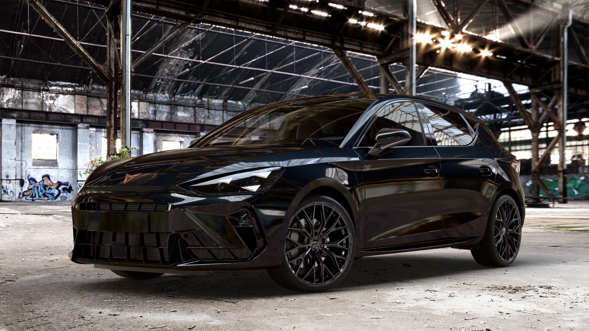 2DRV WH37 Schwarz glanz lackiert Felge mit Reifen in 19Zoll Winterfelge Alufelge auf metallic schwarzem Cupra Leon Typ KL Facelift ⬇️ mit 15mm Tieferlegung ⬇️ Old Industrial Hall_max_4400mm_2024 Frontansicht_1