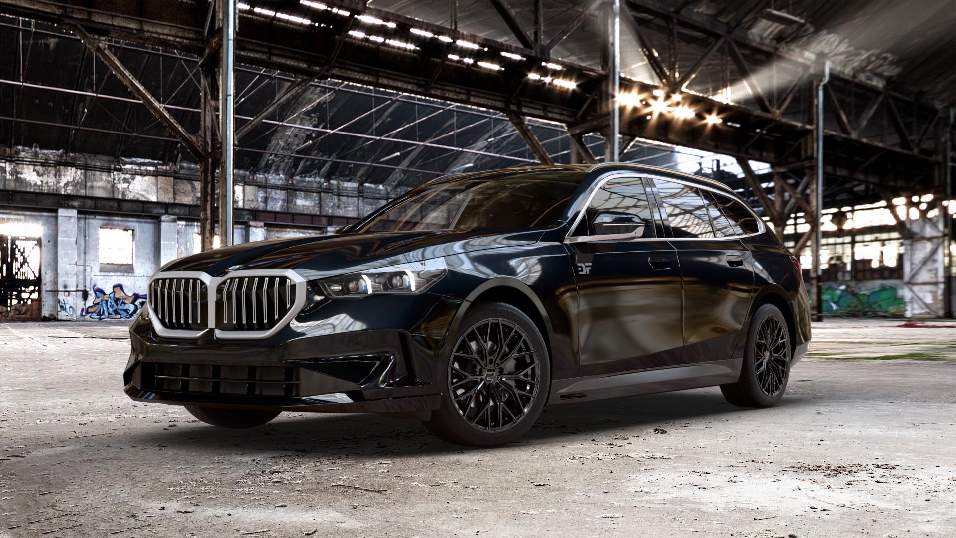 2DRV WH37 Schwarz glanz lackiert Felge mit Reifen in 19Zoll Winterfelge Alufelge auf schwarzem metallic BMW 520d Typ G61 (Touring) xDrive 5er Touring (G6K) ⬇️ mit 15mm Tieferlegung ⬇️ Old Industrial Hall_max_5300mm_2024 Frontansicht_1