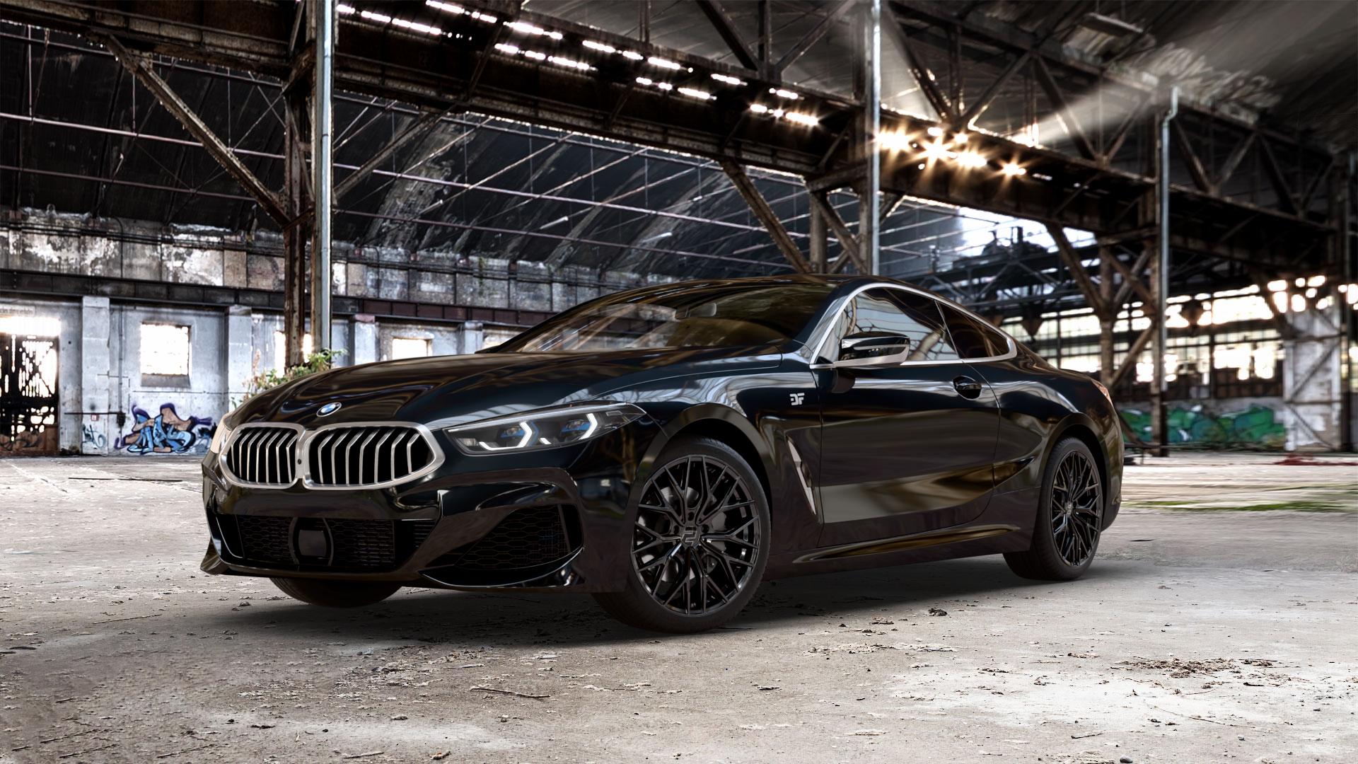 2DRV WH37 Schwarz glanz lackiert Felge mit Reifen in 19Zoll Winterfelge Alufelge auf schwarzem metallic BMW 840d xDrive Typ G15 M850i 840i M8 F8CM (Coupe) 8er Coupé (G8C) ⬇️ mit 15mm Tieferlegung ⬇️ Old Industrial Hall_max_5300mm_2024 Frontansicht_1