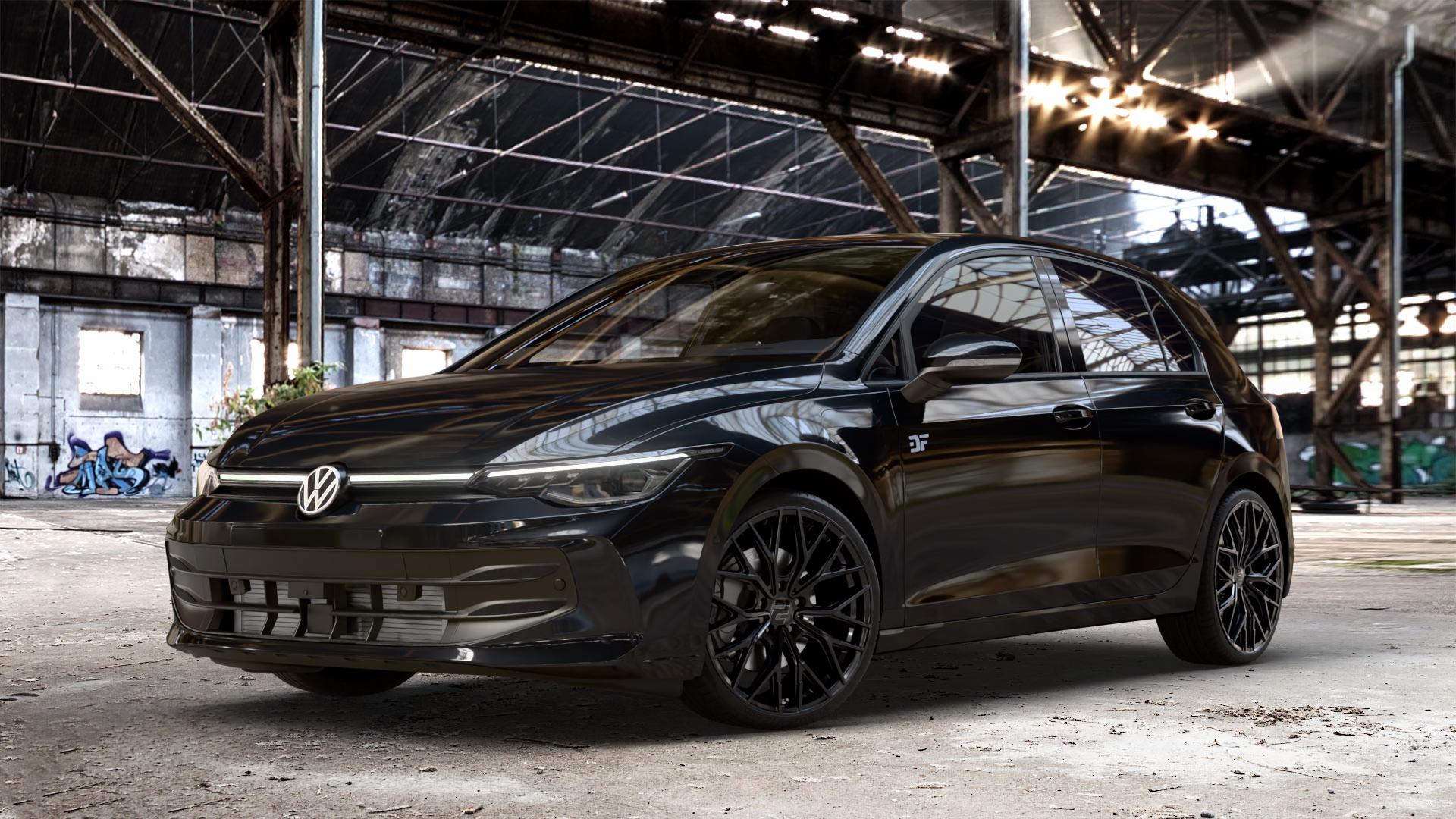2DRV WH37 Schwarz glanz lackiert Felge mit Reifen in 19Zoll Winterfelge Alufelge auf schwarzem Volkswagen (VW) Golf 8 Facelift ⬇️ mit 15mm Tieferlegung ⬇️ Old Industrial Hall_max_4400mm_2024 Frontansicht_1