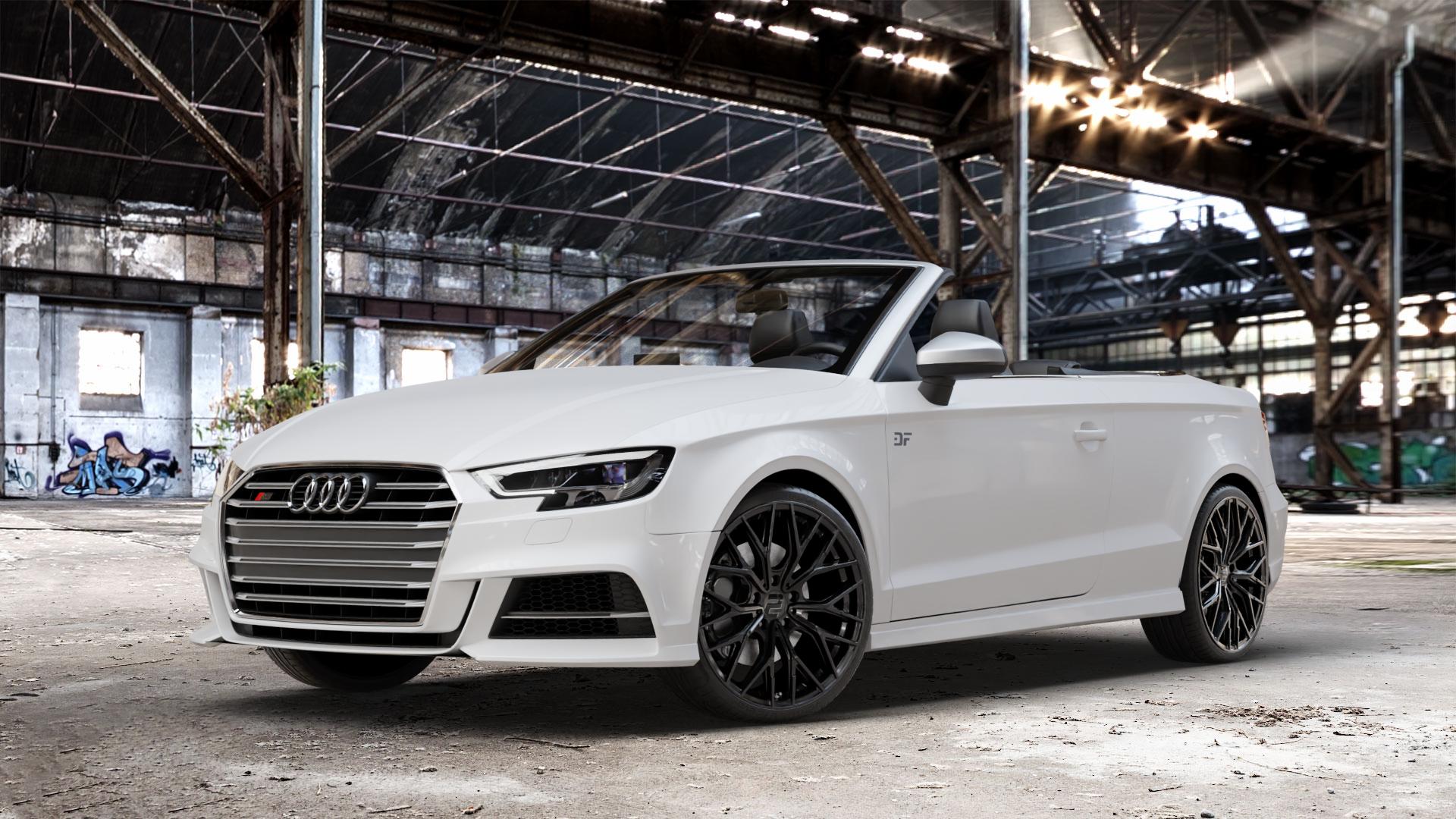2DRV WH37 Schwarz glanz lackiert Felge mit Reifen in 19Zoll Winterfelge Alufelge auf weissem Audi A3 Typ 8V (Cabriolet) Facelift 2,0l TFSI quattro 213kW S3 (290 PS) 228kW (310 ⬇️ mit 15mm Tieferlegung ⬇️ Old Industrial Hall_max_4400mm_2024 Frontansicht_1