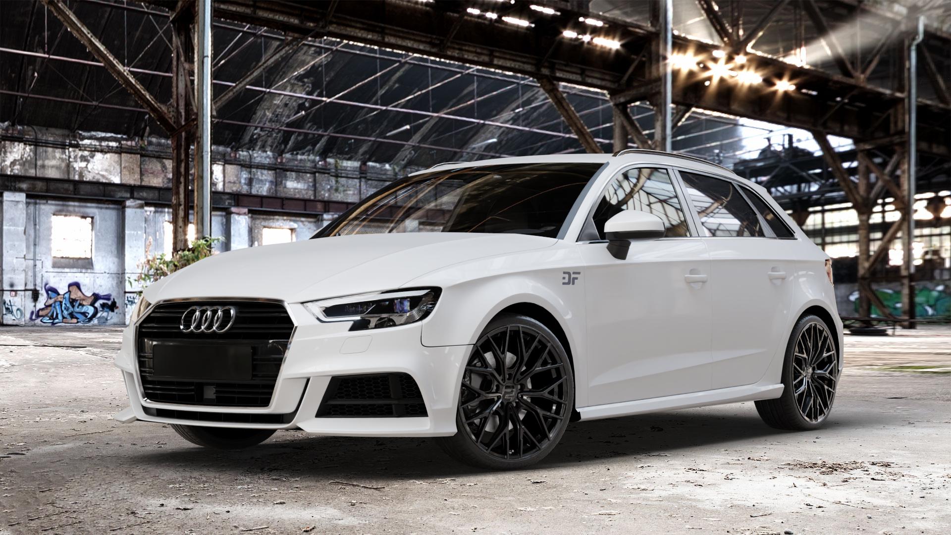 2DRV WH37 Schwarz glanz lackiert Felge mit Reifen in 19Zoll Winterfelge Alufelge auf weissem Audi A3 Typ 8V (Sportback) Facelift ⬇️ mit 15mm Tieferlegung ⬇️ Old Industrial Hall_max_4400mm_2024 Frontansicht_1