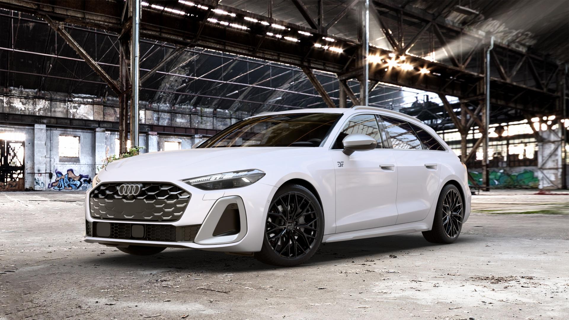 2DRV WH37 Schwarz glanz lackiert Felge mit Reifen in 19Zoll Winterfelge Alufelge auf weissem Audi A5 Typ B10 (Avant) 3,0l S5 270kW Mild-Hybrid (367 PS) ⬇️ mit 15mm Tieferlegung ⬇️ Old Industrial Hall_max_5300mm_2024 Frontansicht_1