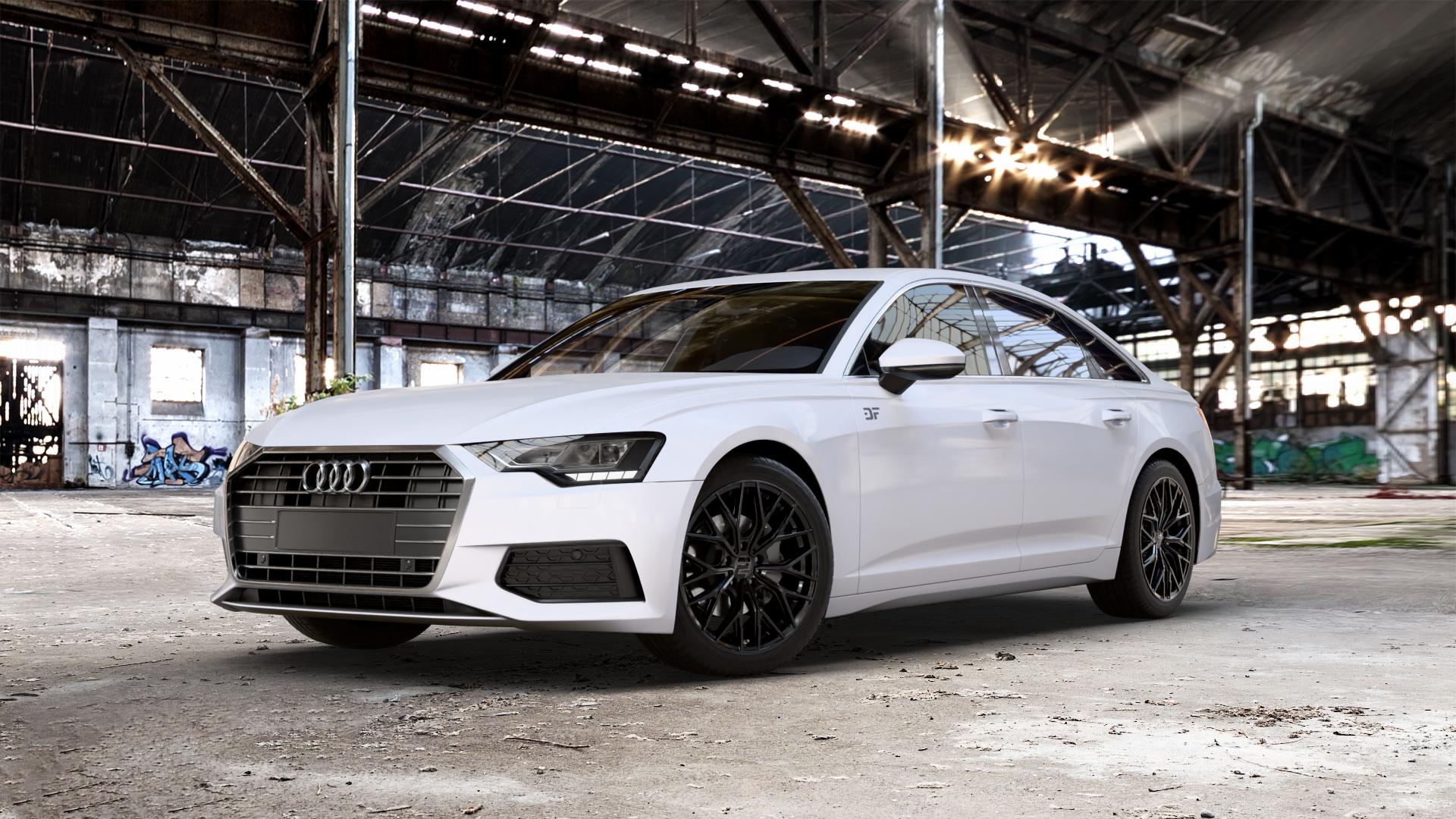 2DRV WH37 Schwarz glanz lackiert Felge mit Reifen in 19Zoll Winterfelge Alufelge auf weissem Audi A6 Typ F2/C8 (Limousine) Facelift ⬇️ mit 15mm Tieferlegung ⬇️ Old Industrial Hall_max_5300mm_2024 Frontansicht_1