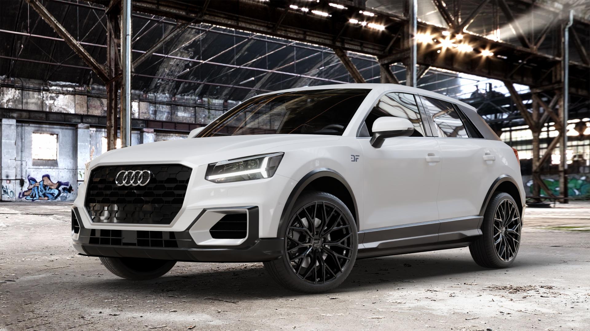 2DRV WH37 Schwarz glanz lackiert Felge mit Reifen in 19Zoll Winterfelge Alufelge auf weißem Audi Q2 Typ GA Facelift ⬇️ mit 15mm Tieferlegung ⬇️ Old Industrial Hall_max_4400mm_2024 Frontansicht_1