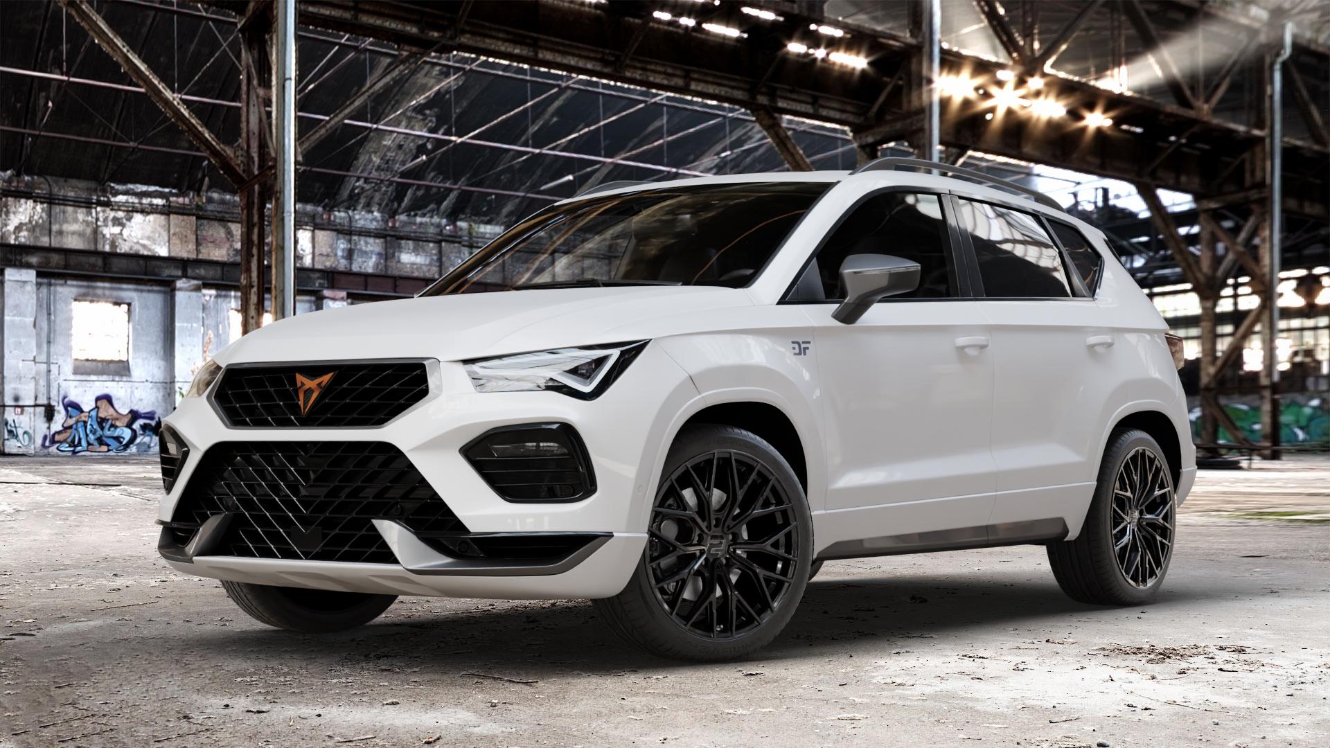 2DRV WH37 Schwarz glanz lackiert Felge mit Reifen in 19Zoll Winterfelge Alufelge auf weissem Cupra Ateca Typ 5FP Facelift ⬇️ mit 15mm Tieferlegung ⬇️ Old Industrial Hall_max_4400mm_2024 Frontansicht_1