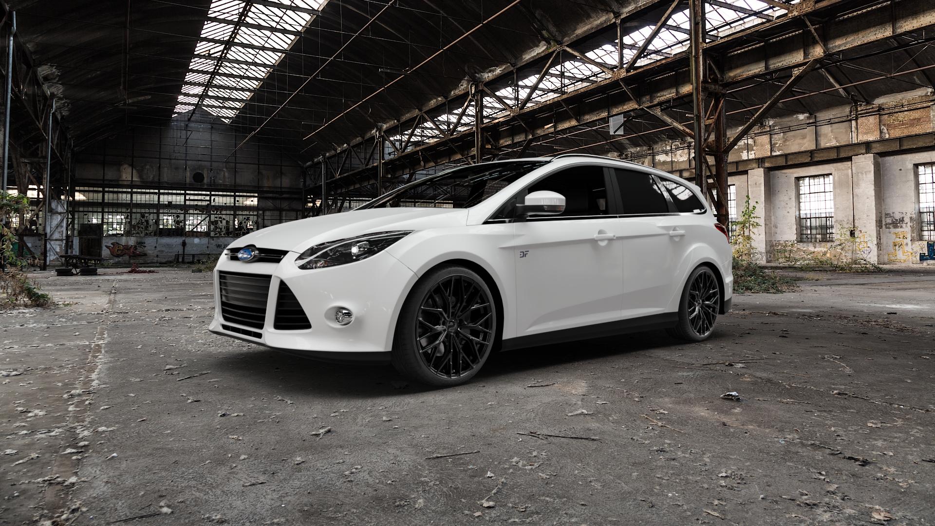 2DRV WH37 Schwarz glanz lackiert Felge mit Reifen in 19Zoll Winterfelge Alufelge auf weissem Ford Focus III Typ DYB (Turnier) ⬇️ mit 15mm Tieferlegung ⬇️ Old Industrial Hall_max5000mm_2022 Frontansicht_1