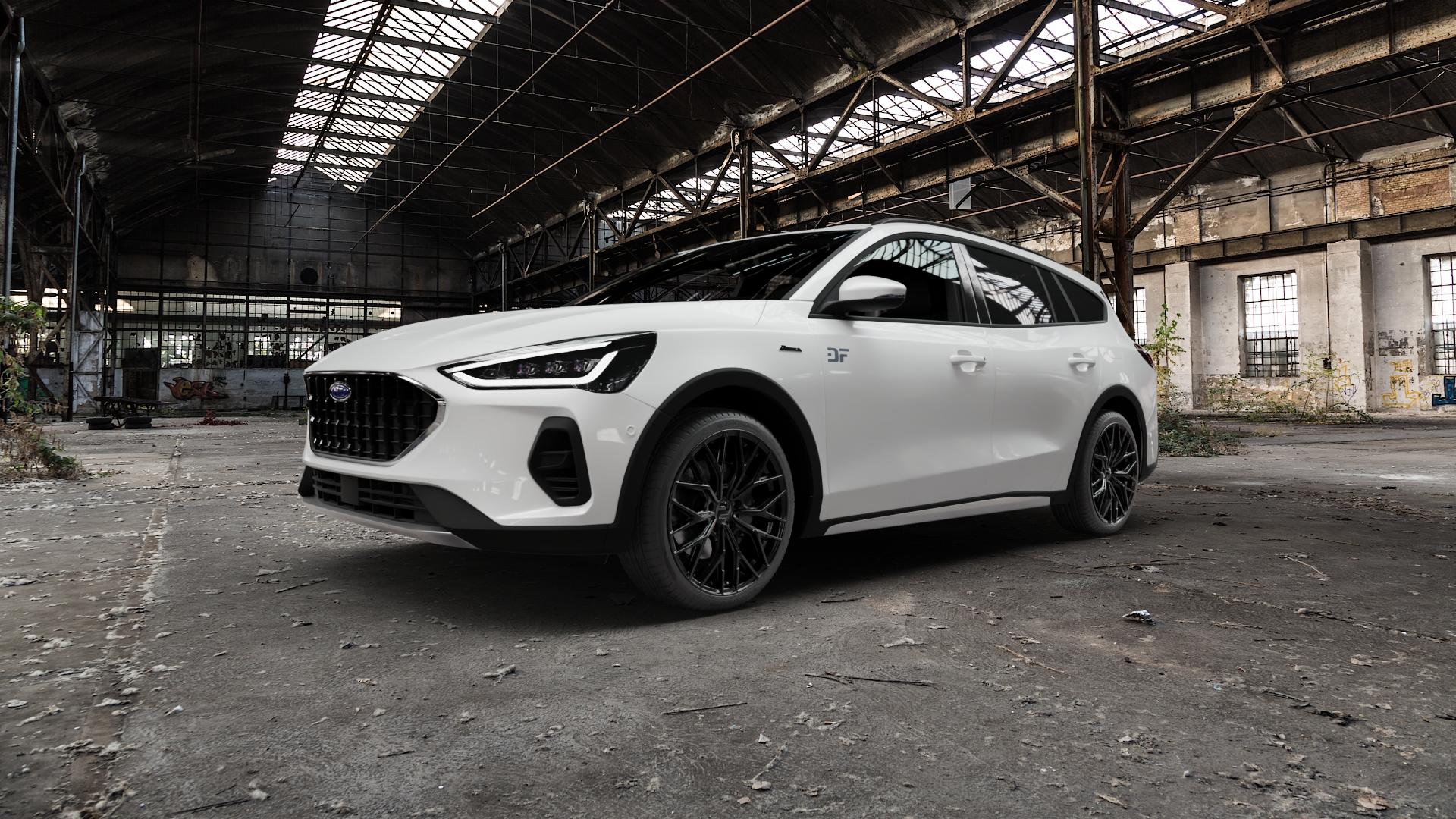 2DRV WH37 Schwarz glanz lackiert Felge mit Reifen in 19Zoll Winterfelge Alufelge auf weissem Ford Focus IV Active Typ DEH Facelift (Turnier) ⬇️ mit 15mm Tieferlegung ⬇️ Old Industrial Hall_max5000mm_2022 Frontansicht_1