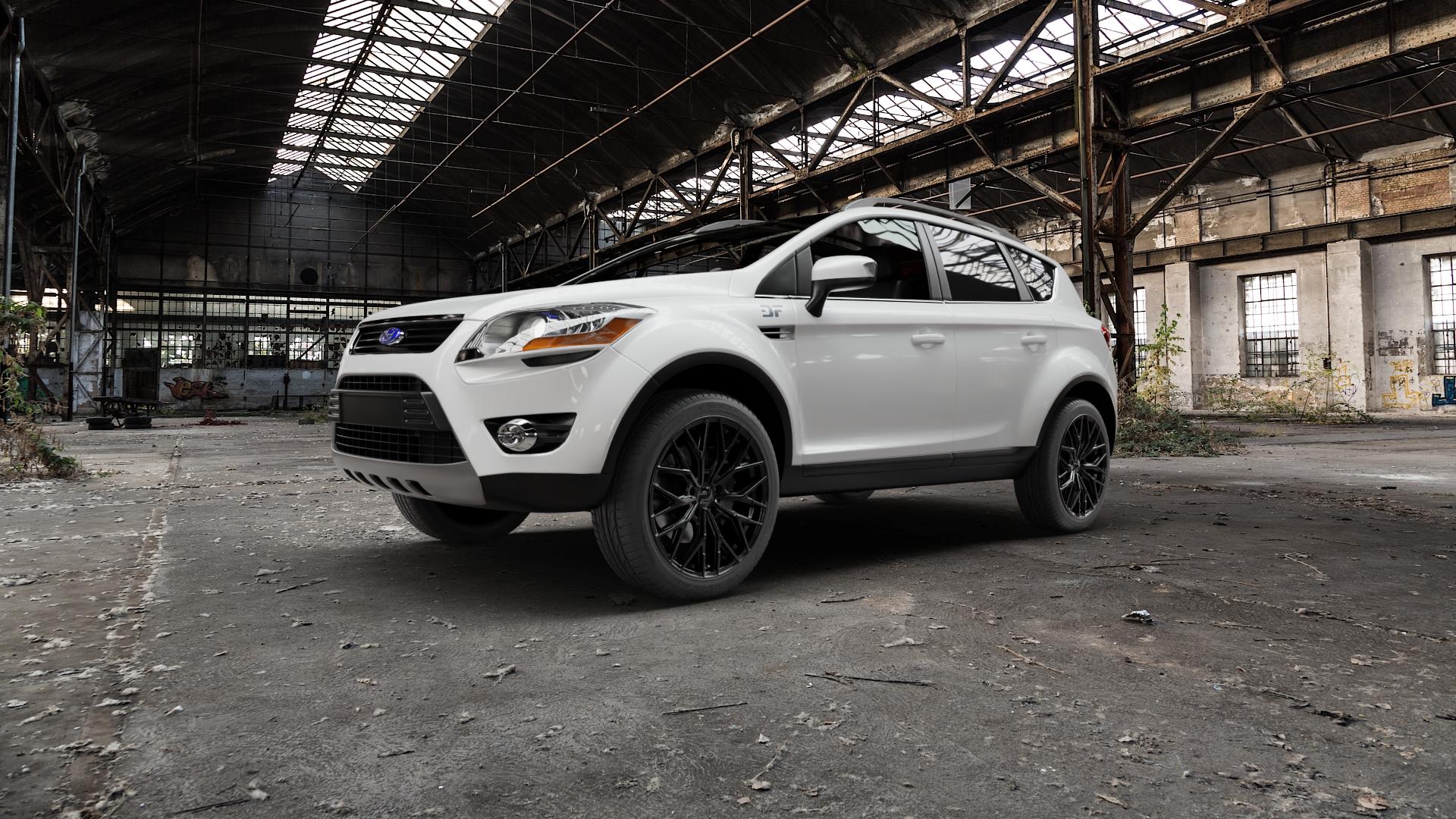2DRV WH37 Schwarz glanz lackiert Felge mit Reifen in 19Zoll Winterfelge Alufelge auf weissem Ford Kuga I ⬇️ mit 15mm Tieferlegung ⬇️ Old Industrial Hall_max5000mm_2022 Frontansicht_1