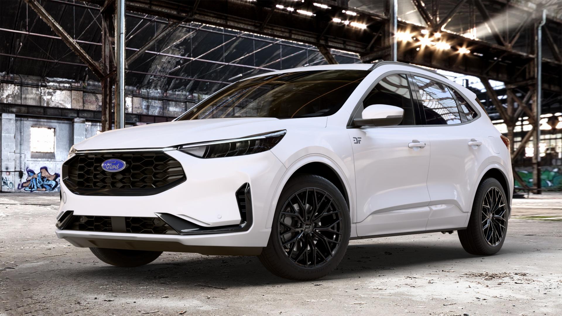 2DRV WH37 Schwarz glanz lackiert Felge mit Reifen in 19Zoll Winterfelge Alufelge auf weissem Ford Kuga III Typ DFK Facelift ⬇️ mit 15mm Tieferlegung ⬇️ Old Industrial Hall_max_4400mm_2024 Frontansicht_1