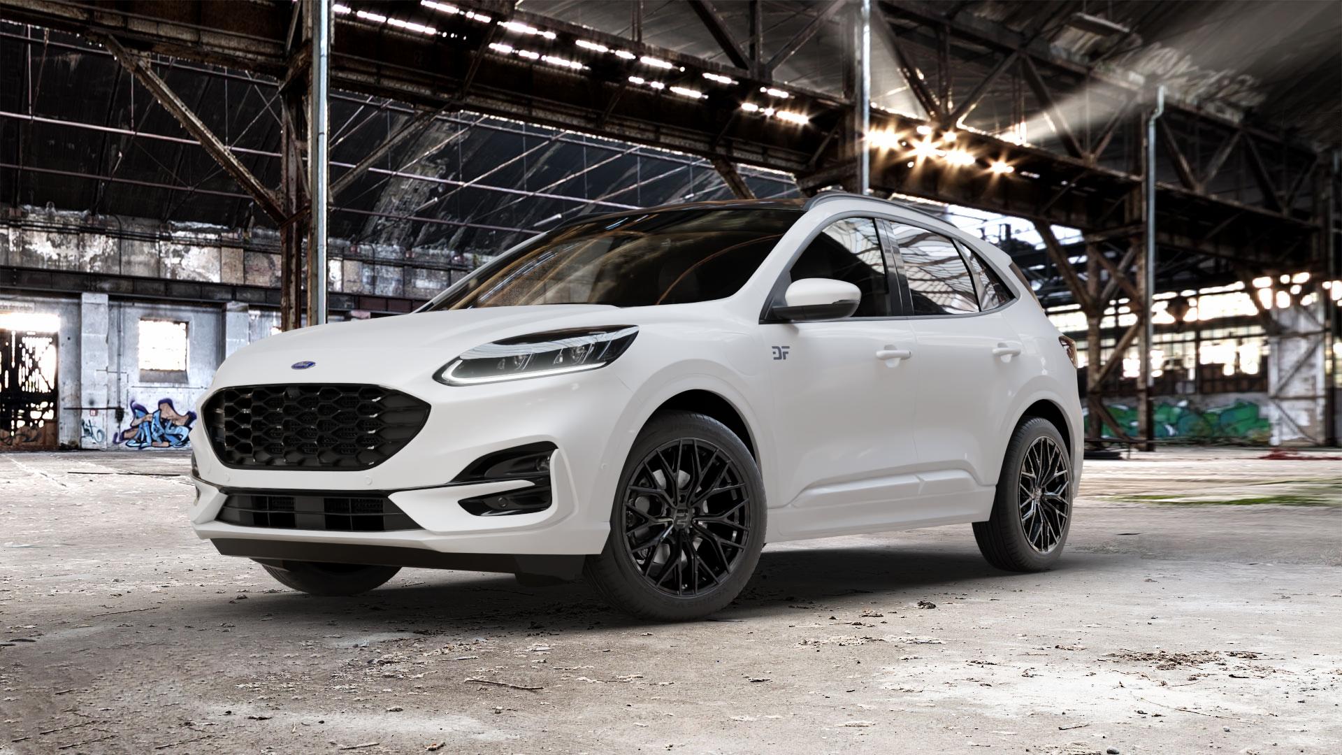 2DRV WH37 Schwarz glanz lackiert Felge mit Reifen in 19Zoll Winterfelge Alufelge auf weissem Ford Kuga III Typ DFK ⬇️ mit 15mm Tieferlegung ⬇️ Old Industrial Hall_max_5300mm_2024 Frontansicht_1