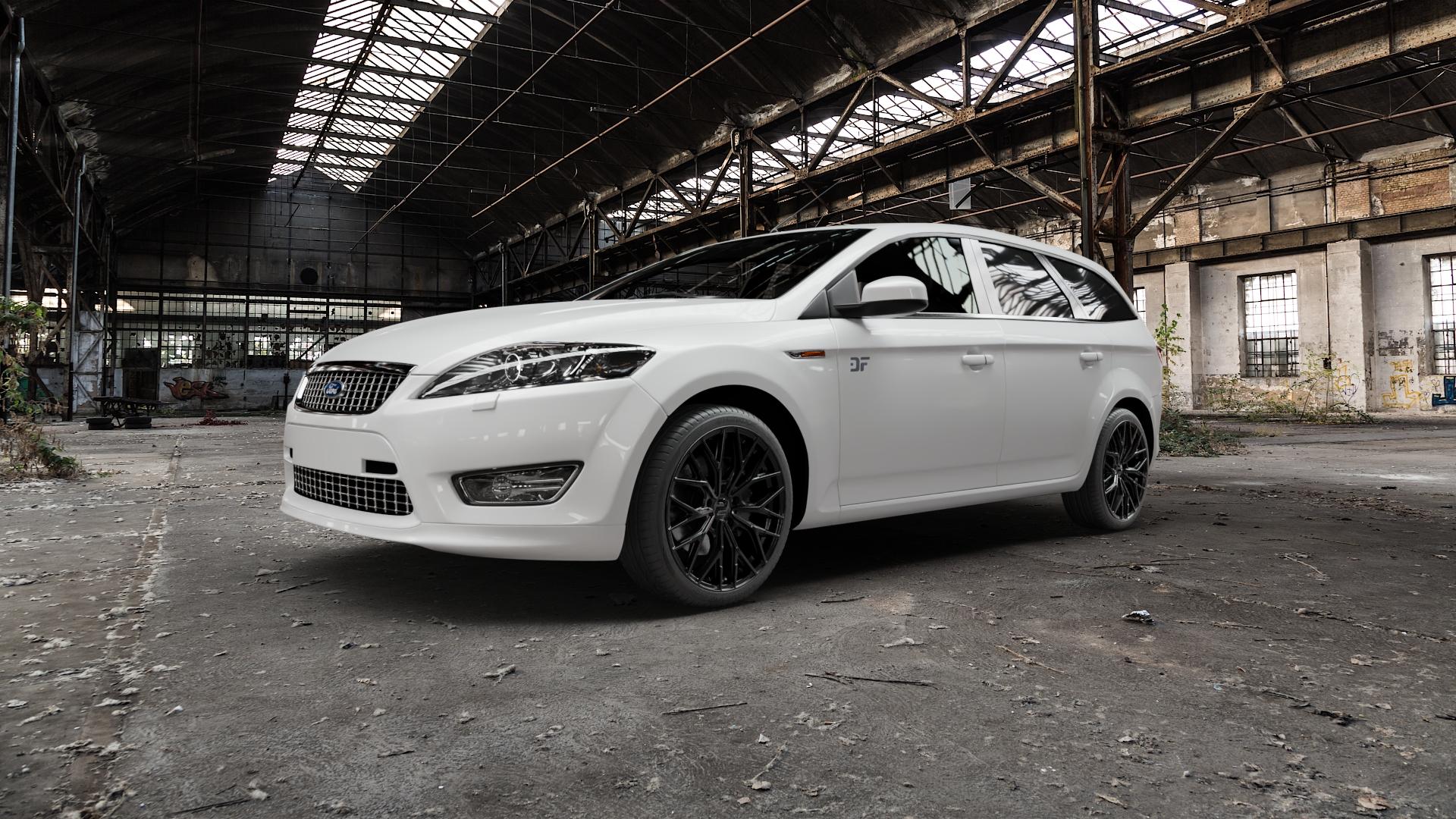 2DRV WH37 Schwarz glanz lackiert Felge mit Reifen in 19Zoll Winterfelge Alufelge auf weissem Ford Mondeo IV Limousine Typ BA7 Turnier ⬇️ mit 15mm Tieferlegung ⬇️ Old Industrial Hall_max5000mm_2022 Frontansicht_1
