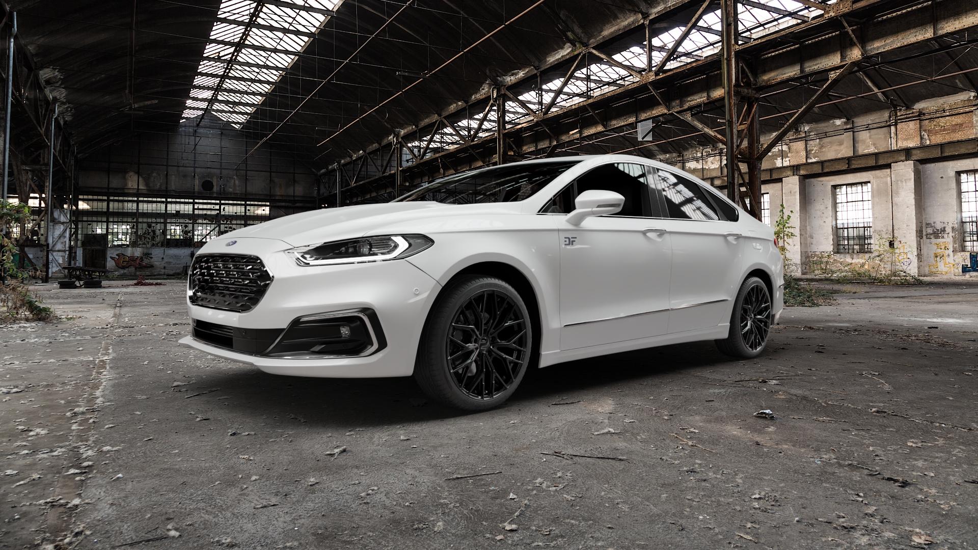 2DRV WH37 Schwarz glanz lackiert Felge mit Reifen in 19Zoll Winterfelge Alufelge auf weissem Ford Mondeo V Fließheck Typ BA7 Facelift ⬇️ mit 15mm Tieferlegung ⬇️ Old Industrial Hall_max5000mm_2022 Frontansicht_1