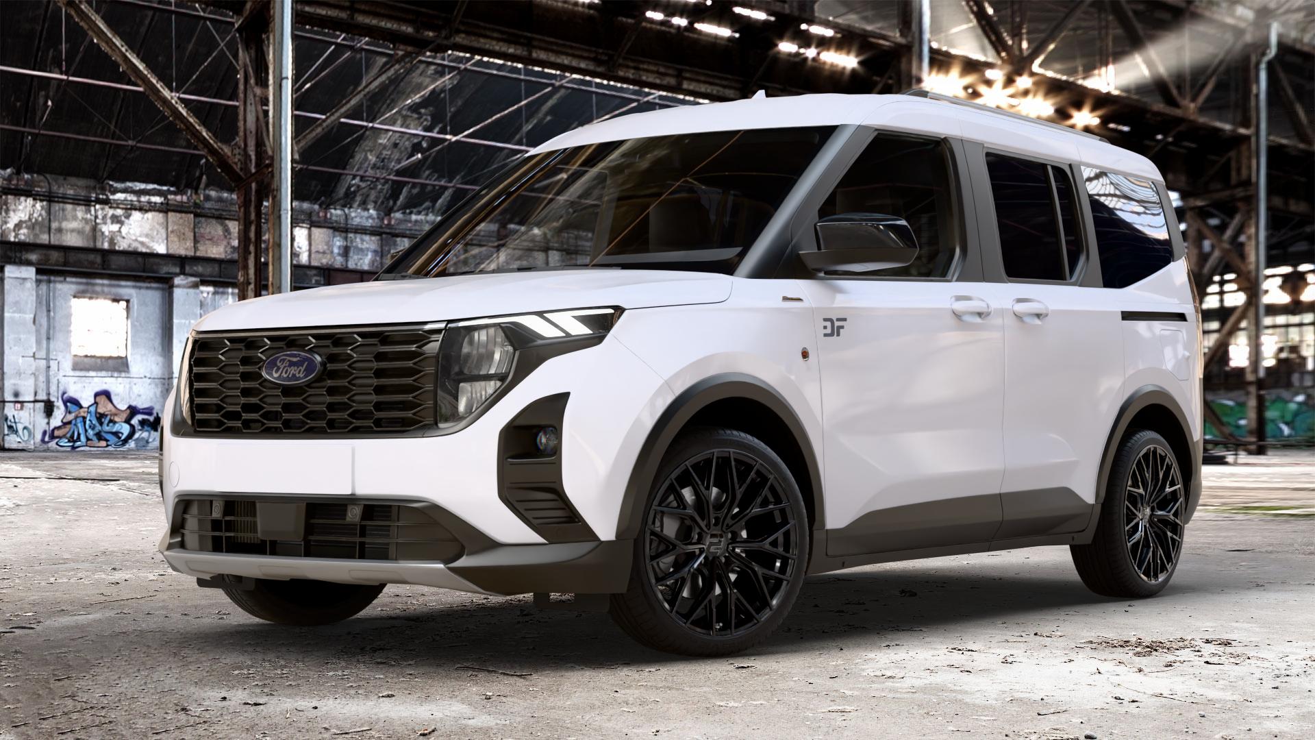 2DRV WH37 Schwarz glanz lackiert Felge mit Reifen in 19Zoll Winterfelge Alufelge auf weissem Ford Tourneo Courier Typ N3P 1,0l EcoBoost 92kW (125 PS) 74kW (101 1,5l EcoBlue 73kW (99 ⬇️ mit 15mm Tieferlegung ⬇️ Old Industrial Hall_max_4400mm_2024 Frontansicht_1