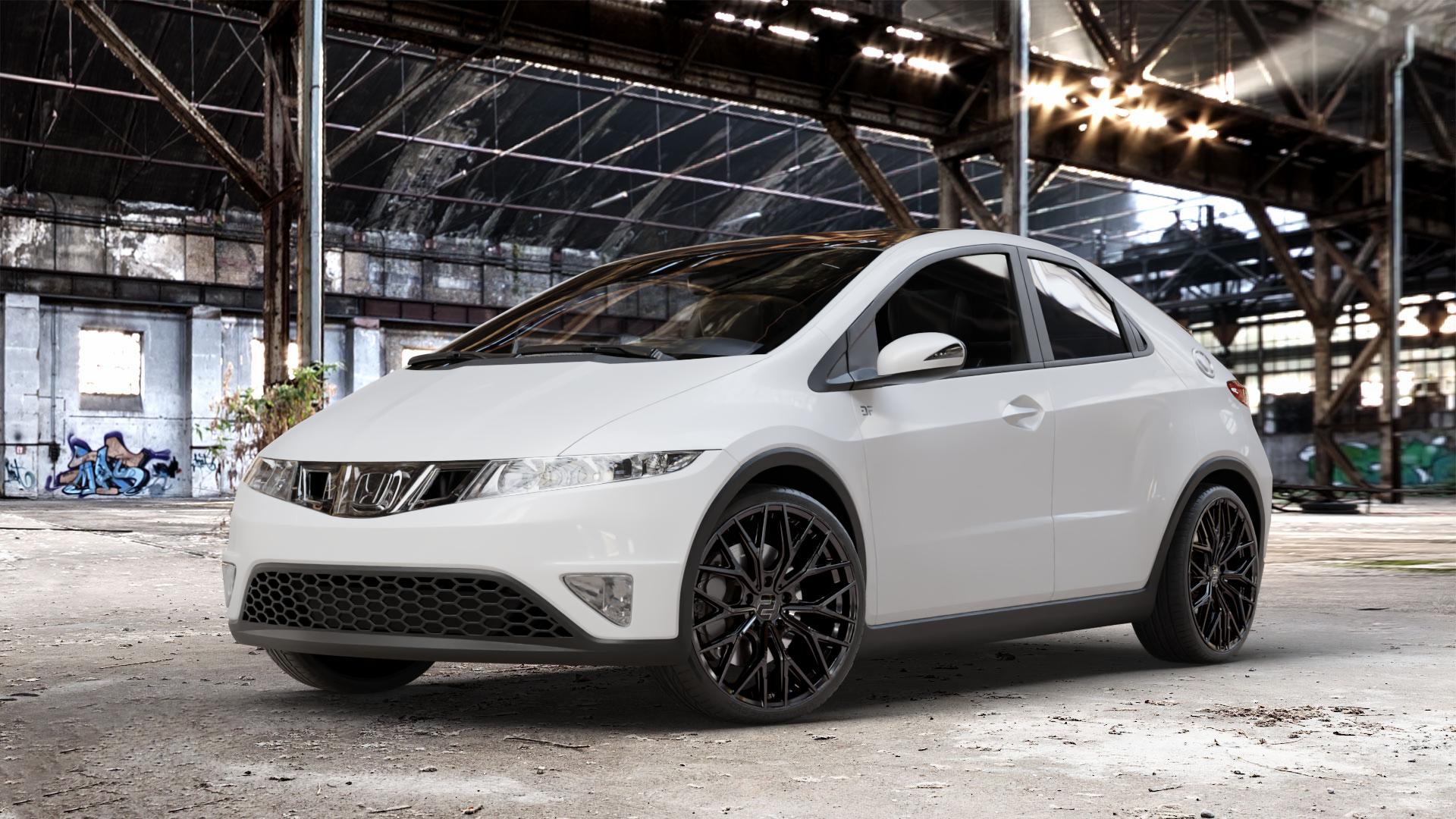 2DRV WH37 Schwarz glanz lackiert Felge mit Reifen in 19Zoll Winterfelge Alufelge auf weissem Honda Civic 8 Fünftürer (FK) 1,4l V-Tec (FK1) 73kW (99 PS) ⬇️ mit 15mm Tieferlegung ⬇️ Old Industrial Hall_max_4400mm_2024 Frontansicht_1