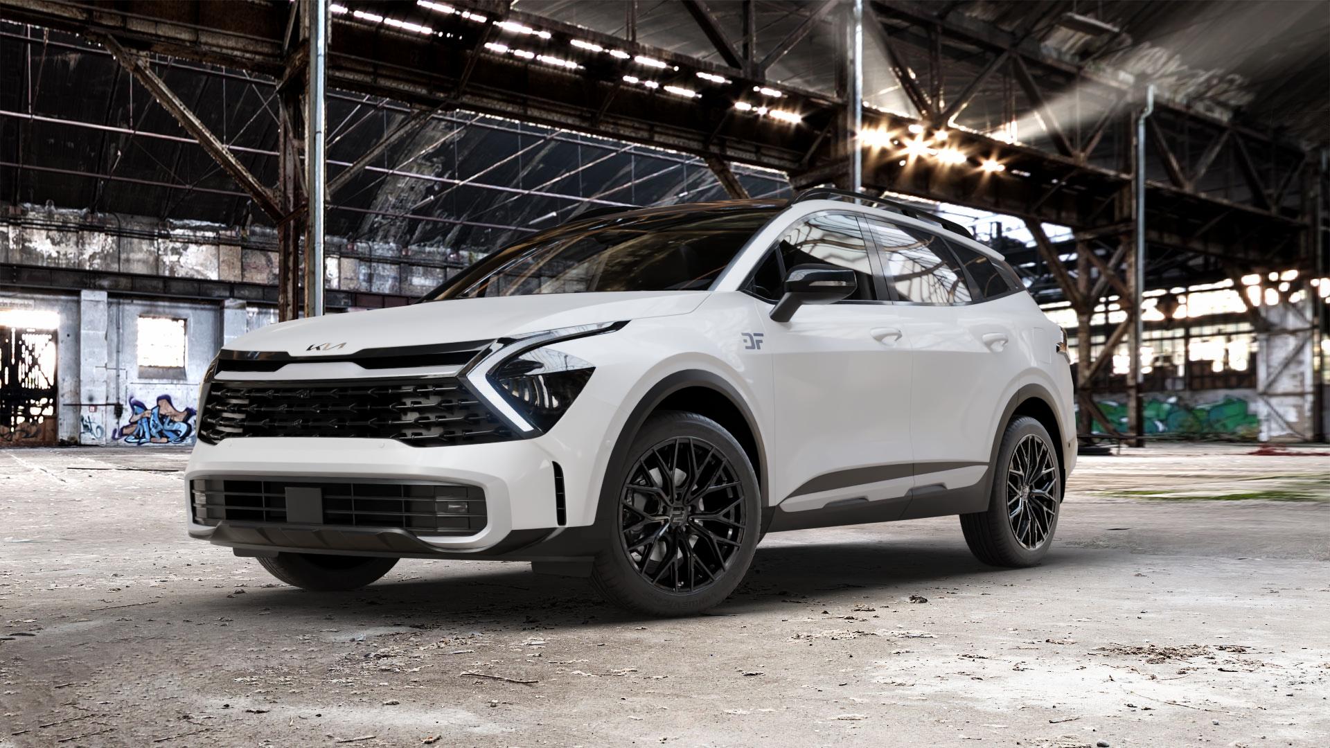 2DRV WH37 Schwarz glanz lackiert Felge mit Reifen in 19Zoll Winterfelge Alufelge auf weissem Kia Sportage V Typ NQ5e ⬇️ mit 15mm Tieferlegung ⬇️ Old Industrial Hall_max_5300mm_2024 Frontansicht_1
