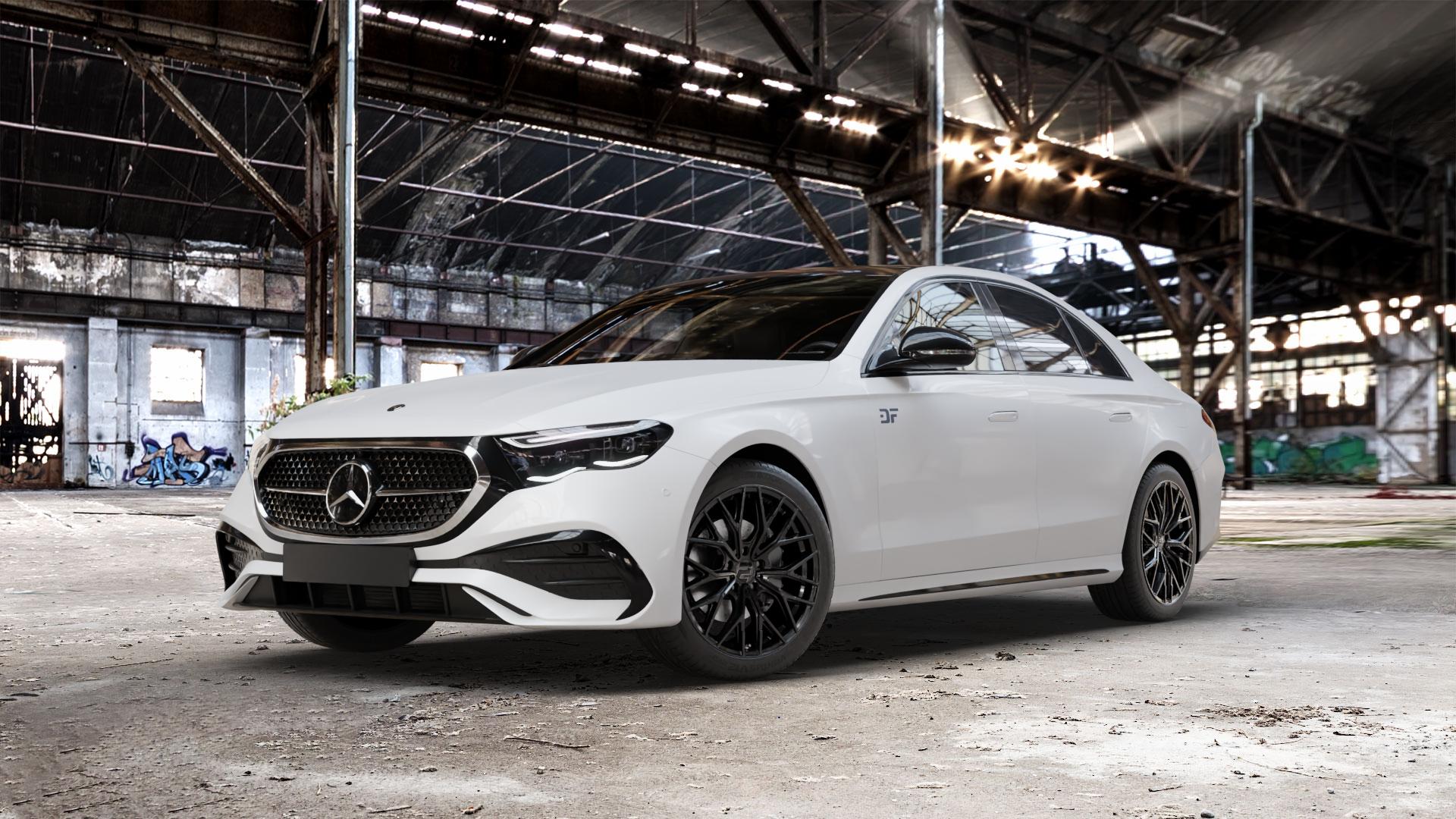 2DRV WH37 Schwarz glanz lackiert Felge mit Reifen in 19Zoll Winterfelge Alufelge auf weissem Mercedes E-Klasse Typ W214 Limousine (R2EW) ⬇️ mit 15mm Tieferlegung ⬇️ Old Industrial Hall_max_5300mm_2024 Frontansicht_1