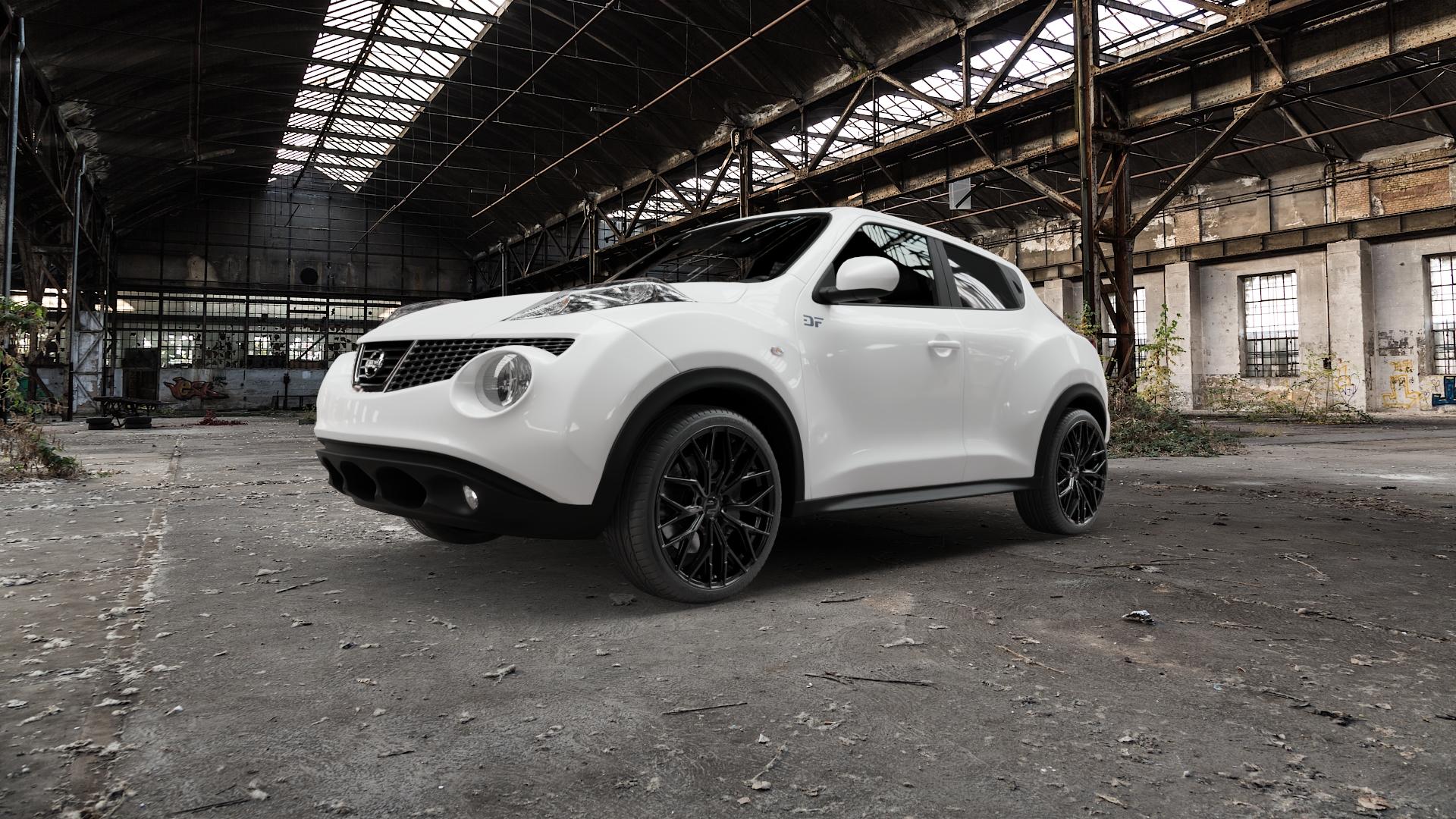 2DRV WH37 Schwarz glanz lackiert Felge mit Reifen in 19Zoll Winterfelge Alufelge auf weissem Nissan Juke Typ F15 1,6l DIG-T 140kW (190 PS) 4WD 1,5l dCi 81kW (110 69kW (94 147kW Nismo (200 ⬇️ mit 15mm Tieferlegung ⬇️ Old Industrial Hall_max5000mm_2022 Frontansicht_1