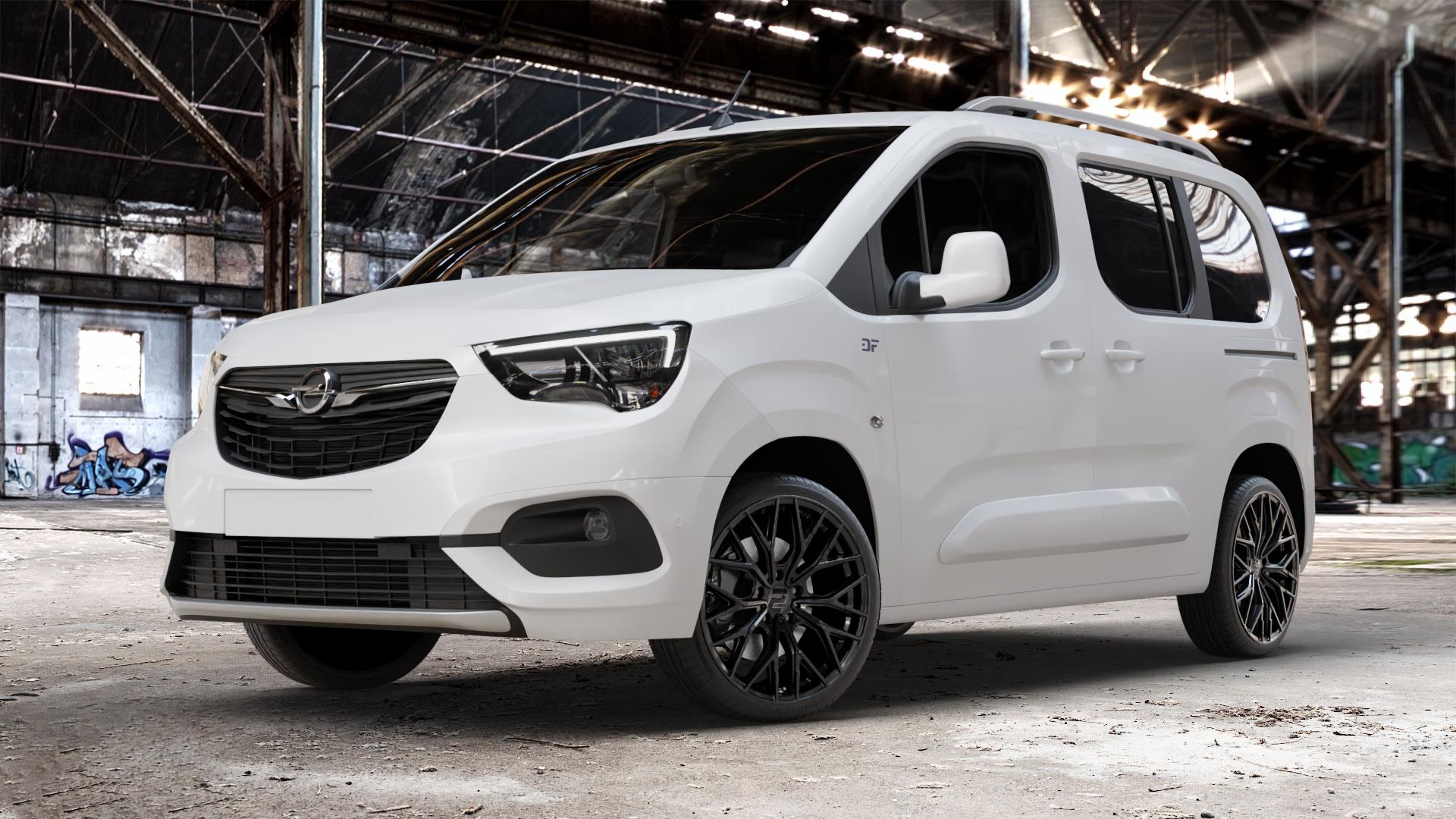 2DRV WH37 Schwarz glanz lackiert Felge mit Reifen in 19Zoll Winterfelge Alufelge auf weissem Opel Combo E Life ⬇️ mit 15mm Tieferlegung ⬇️ Old Industrial Hall_max_4400mm_2024 Frontansicht_1